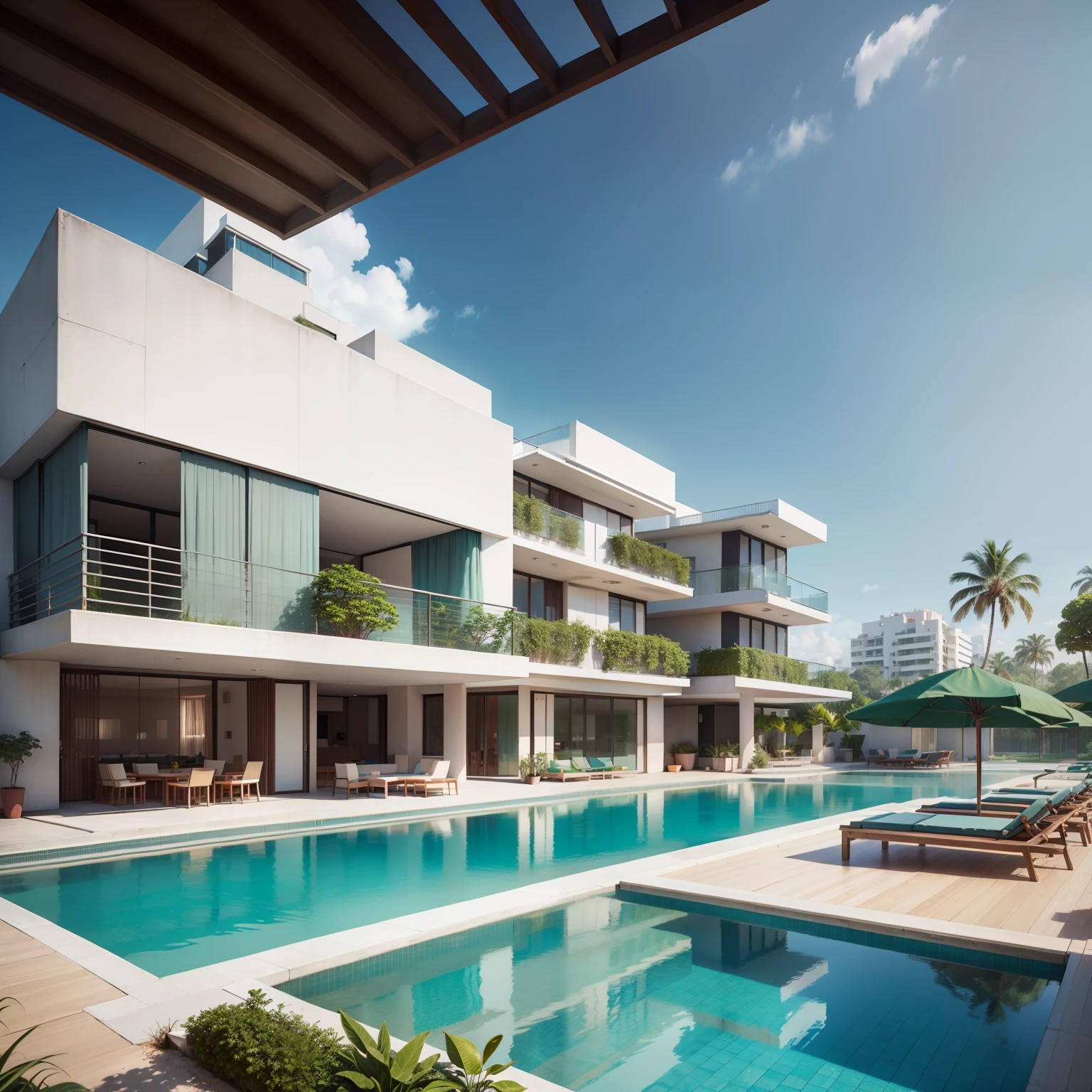 Grande hotel, Arquitetura futurista, building in the background, Building with grandevlawdo on the beach, Arquitetura moderna, grande piscina em frente ao hotel, restaurante interior com grandes fachadas em vidro, grandes candeeiros no interior, lots of vegetation around, hotel com 120 quartos, Arquitetura moderna, organic architecture, Geometria luxuosa, hiper-realista, Fantastic 8K architecture, UHD — AR 16: