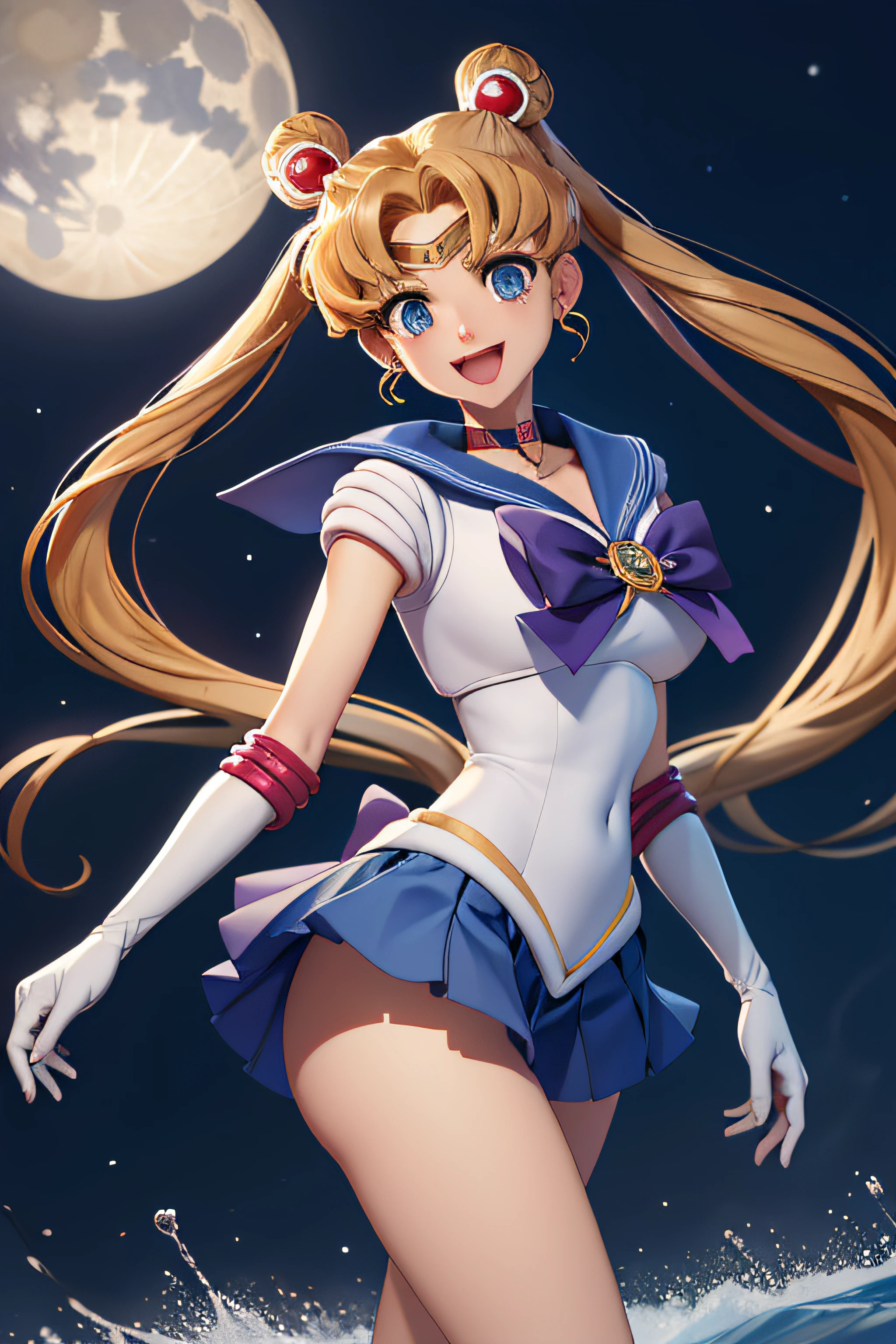 Obra maestra, La mejor calidad, absurdos, antomy perfecto, 1girl, solamente, SMMoon, 1990's \(estilo\), rubia sailor moon, En pie, They are smiling, Disparo de vaquero, Uniforme Sailor Senshi, Collar de marinero, falda azul, guantes de codo, en postura de espalda, Show off your loot, Backwards, No hay tanga Big Booty, ultra minifalda sentada con las piernas cruzadas, Piernas cruzadas, ( Postura de la espalda)