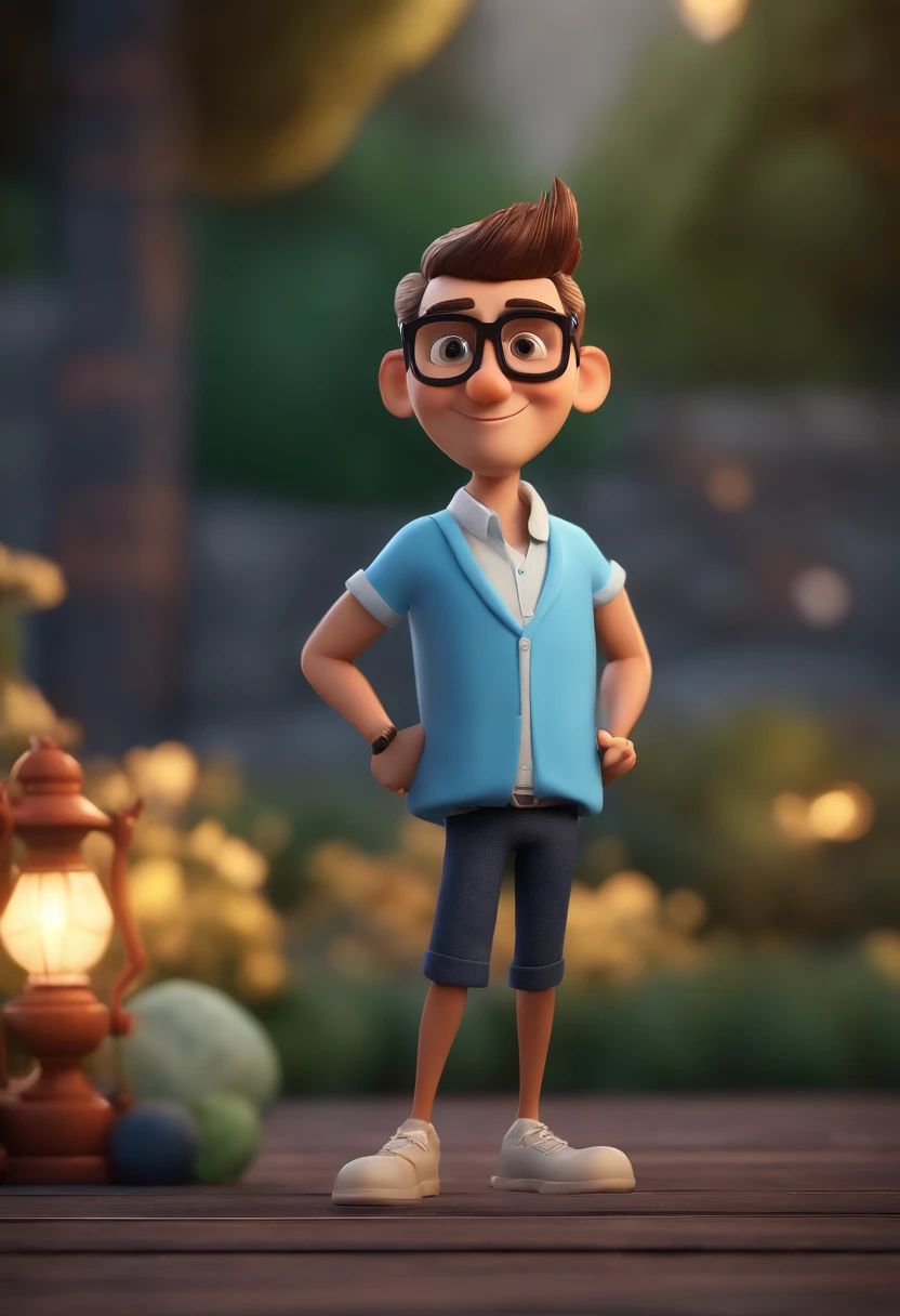 Cartoon character of a man with black glasses and a blue shirt, animation character, Caractere estilizado, animation style rendering, 3D estilizado, Arnold Maya render, 3 d render stylized, toon render keyshot, Personagem 3D, Personagem 3D, 3d rendering stylized, 3 d character render, personagem de desenho animado, Personagem de close up, Pose de personagem,  (Estilo Pixar) (master part:1.2) (Bokeh) (best quality) (pele detalhada) (textura detalhada) (8k) (argila) (Cinematic lighting) (foco nítido