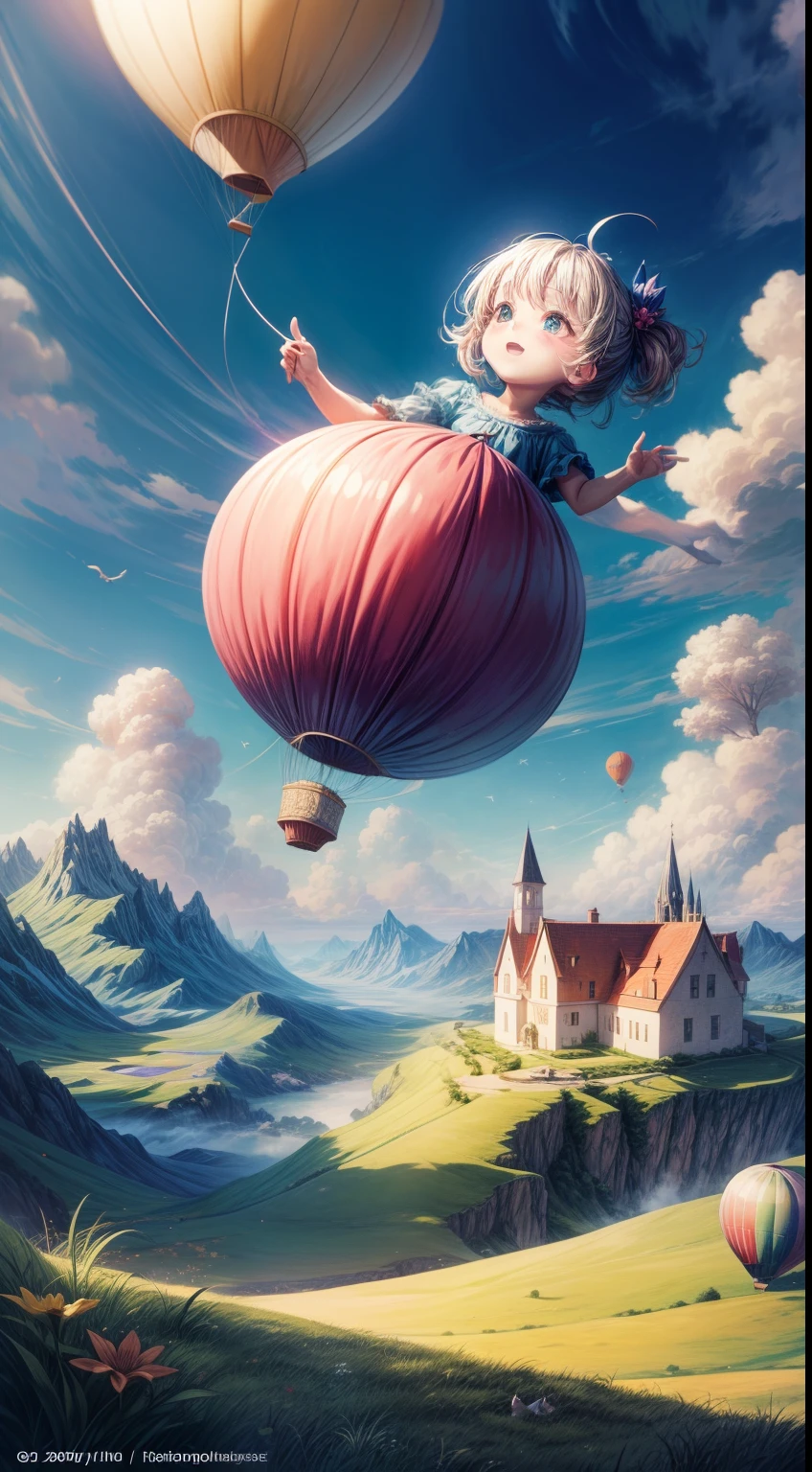 (Best quality,A high resolution,Masterpiece:1.2),Hot air balloon floating in the sky,Extremely colorful,Vibrant style,illustration,A whimsical artistic feel,soft and muted colors, dreamlike lighting,Fluffy clouds,airy and light,scenic landscape,Lush green grass and rolling hills,a peaceful and serene atmosphere,playful and cheerful,Happy kids and families enjoying the view,Delicate brushstrokes and fine details,Wide-angle perspective,Pleasant weather and clear blue skies,Convivial and relaxed atmosphere,Imaginative and surreal elements,Perfectly balanced composition,Small villages and houses peek out from the woods,The long shadow dropped by the balloon,Beautifully blended colors,Soft gradients and smooth transitions,Childlike spectacle and awe-inspiring scenes,Nostalgic and magical,Whimsical creatures and animals,Storybook-like landscapes,The breeze gently shook the balloon,Tranquil and uplifting,A creative and imaginative journey,Whispering clouds and floating balloons,Delightful and captivating display of floating balloons