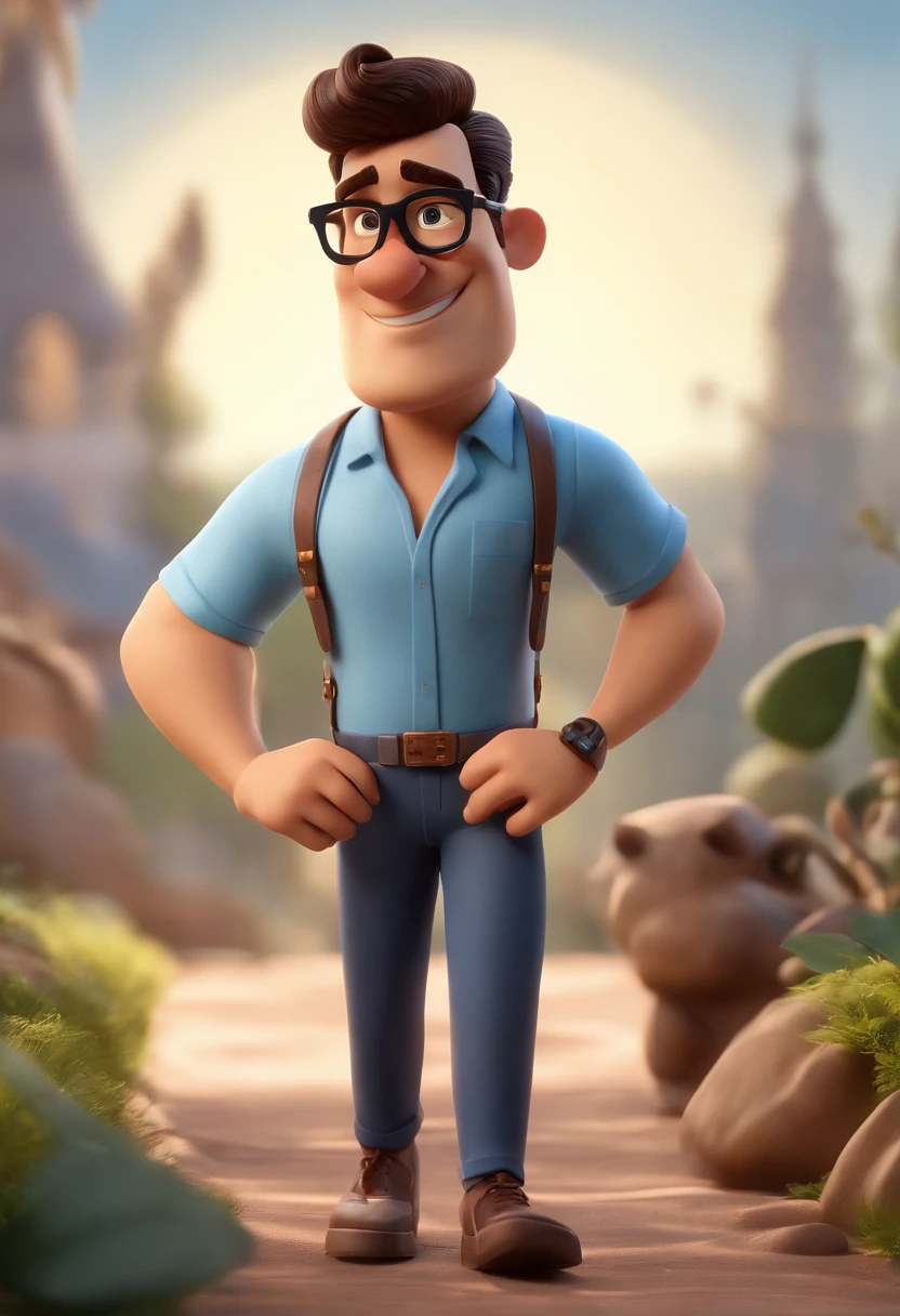 Cartoon character of a man with black glasses, cabelo cacheado marrom escuro e uma camisa azul, animation character, Caractere estilizado, animation style rendering, 3D estilizado, Arnold Maya render, 3 d render stylized, toon render keyshot, Personagem 3D, Personagem 3D, 3d rendering stylized, 3 d character render, personagem de desenho animado, Personagem de close up, Pose de personagem,  (Estilo Pixar) (master part:1.2) (Bokeh) (best quality) (pele detalhada) (textura detalhada) (8k) (argila) (Cinematic lighting) (foco nítido