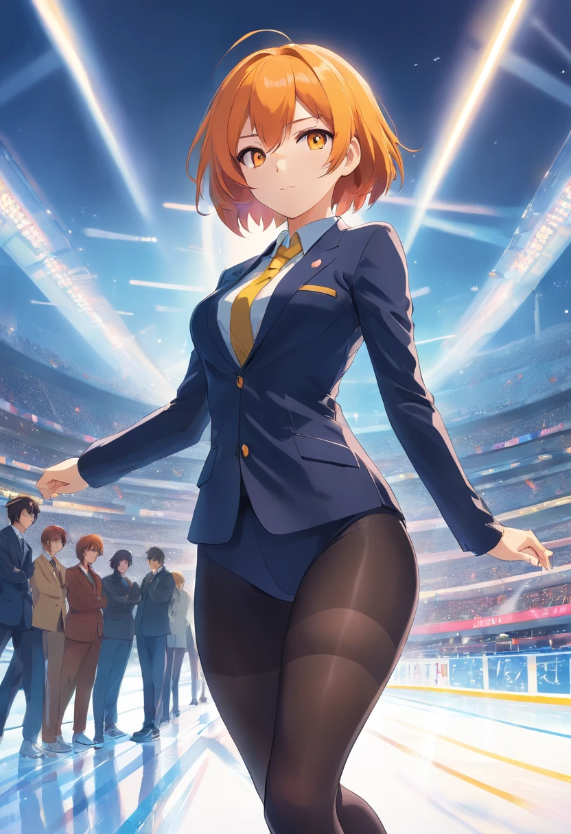 1 female、Orange hair、Colossal tits、Big ass、Black Tights Suit、yellow eyes、Large, thick thighs、a short bob、wide hips、speed skating