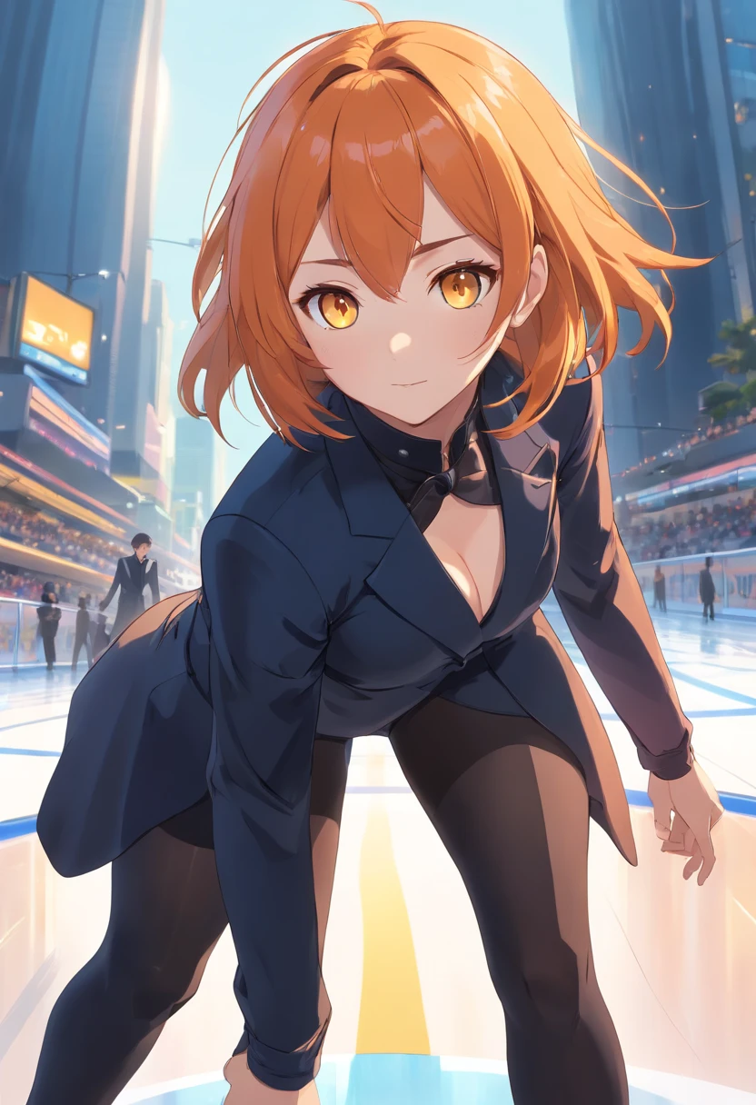 1 female、Orange hair、Colossal tits、Big ass、Black Tights Suit、yellow eyes、Large, thick thighs、a short bob、wide hips、speed skating