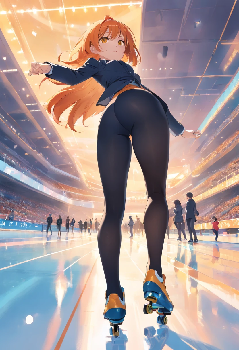 1 female、Orange hair、Colossal tits、Big ass、Black Tights Suit、yellow eyes、Large, thick thighs、a short bob、wide hips、speed skating