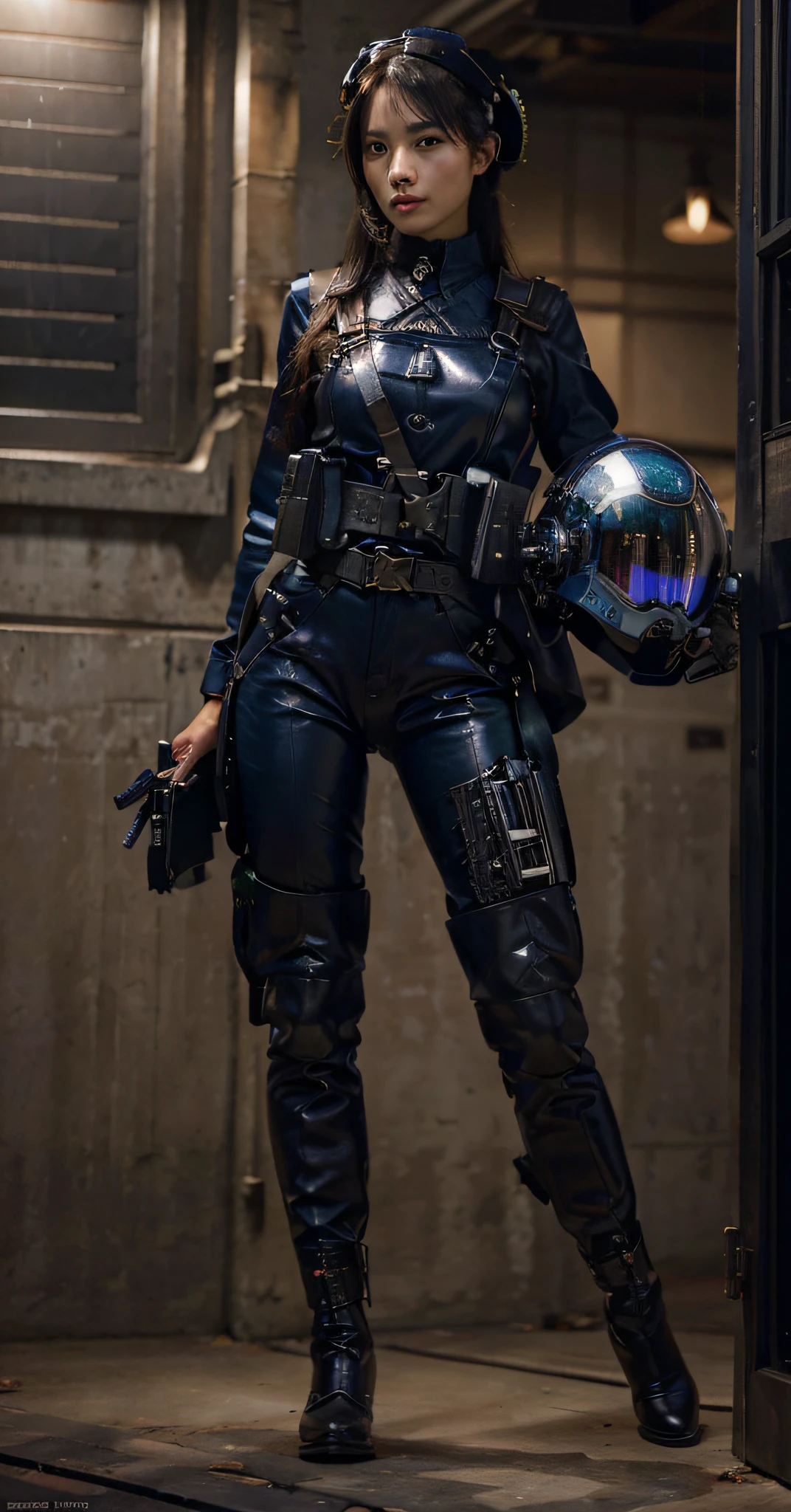 Very beautiful woman, Japanese characteristics, Highly detailed face, black hair, military fabric overalls, Dark blue color, Belt with ammunition, Leather harnesses, Black leather gloves, Highly detailed hands, In her hand she has an advanced helmet, Cyborg helmet , Black military boots, they are inside an ultra-advanced military installation. You can see a deactivated mecha, blue and white in the background, Ultra detailed, hyperrealistic, 4k, Ultra detailed, realistic image, Highly detailed, perfect composition, very beautiful, Intricately detailed, incredibly detailed, Art photography 8K, hyper detailed, Masterpiece, Ultra detailed, hyper realistic, 4k, Ultra detailed image, realistic, Highly detailed, perfect composition, beautiful, intricately detailed, incredibly detailed, 8k art photography, hyper detailed, masterpiece