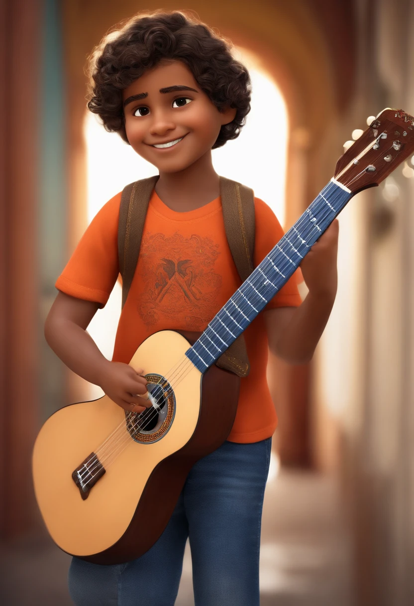 crie um banner no estilo Pixar. A boy with Indian features, moreno pardo com cabelos curtos, Castanhos escuros, Curly and slightly grayish appearance, mas jovem, usando uma camiseta, Wearing jeans and holding a classical guitar with 7 strings.