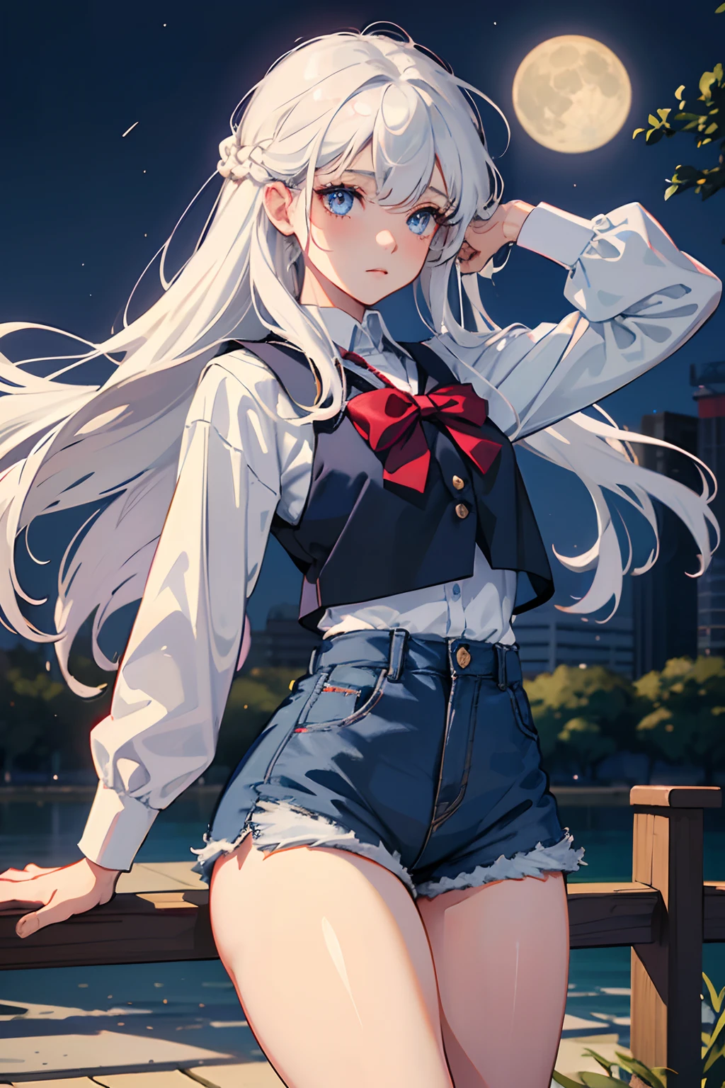 one girl, minako aino, white hair, long hair(half tailed hair), hair between eyes, long bangs, blue eyes, beautiful eyes,thick legs,perfect body, white school shirt long sleeves, navy blue vest, red shorts denim texture,shy pose,in the park,night,full moon,tokyo tower