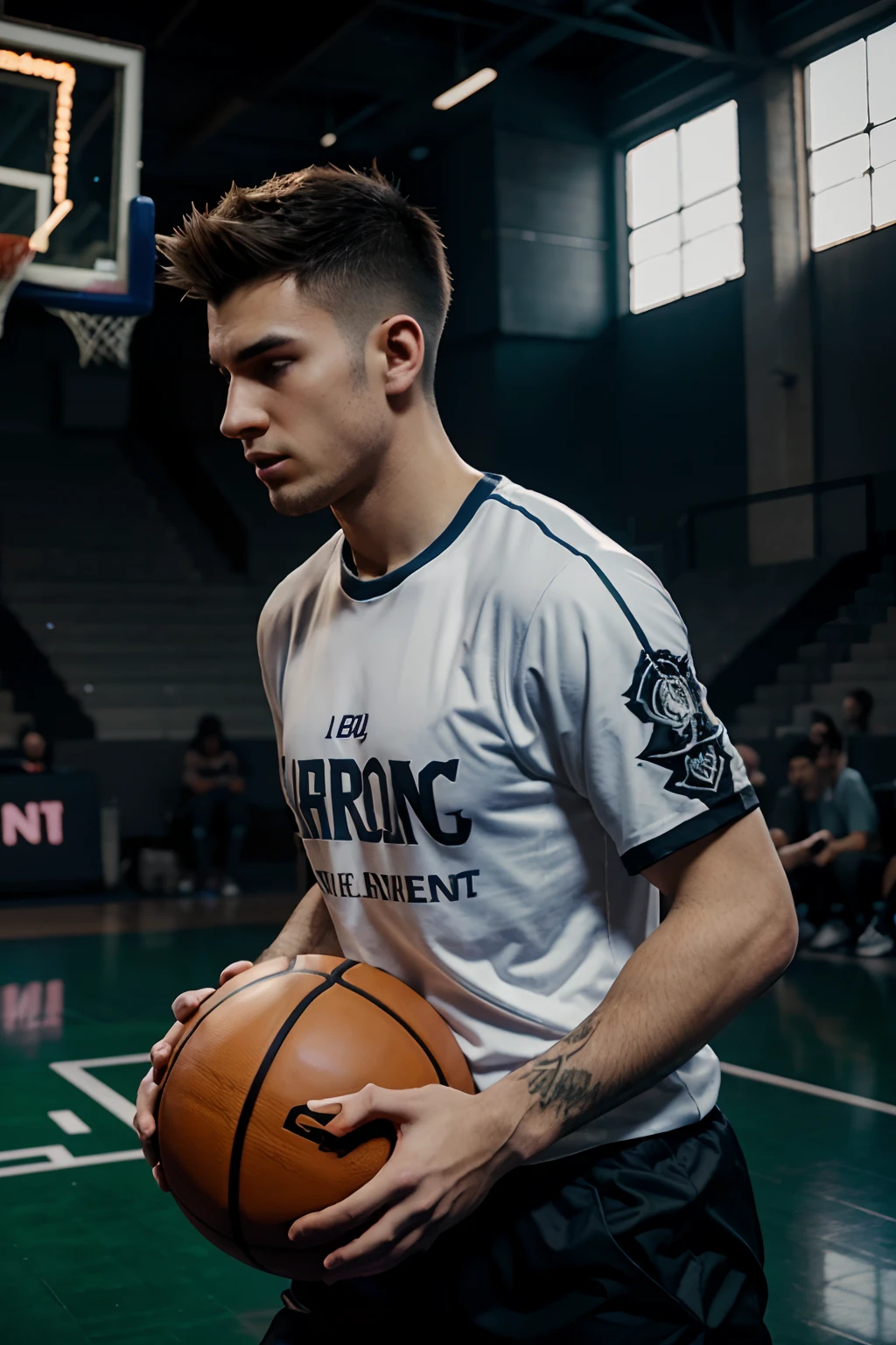 a League of Legends player with a shirt written Forlin on the back, playing basketball in the League of Legends arcane style, 3D digital art, full hd, beautiful