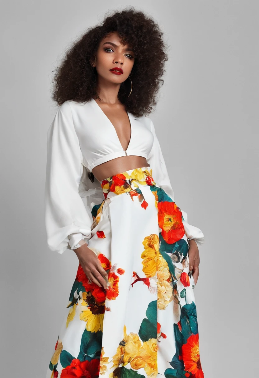 1 croqui, fundo branco, roupa, uma saia longa, top croped, cultura negra, roupa com as cores preta, branca e vermelha, Do in a colorful style, flores com essas cores, simbolos da cultura negra