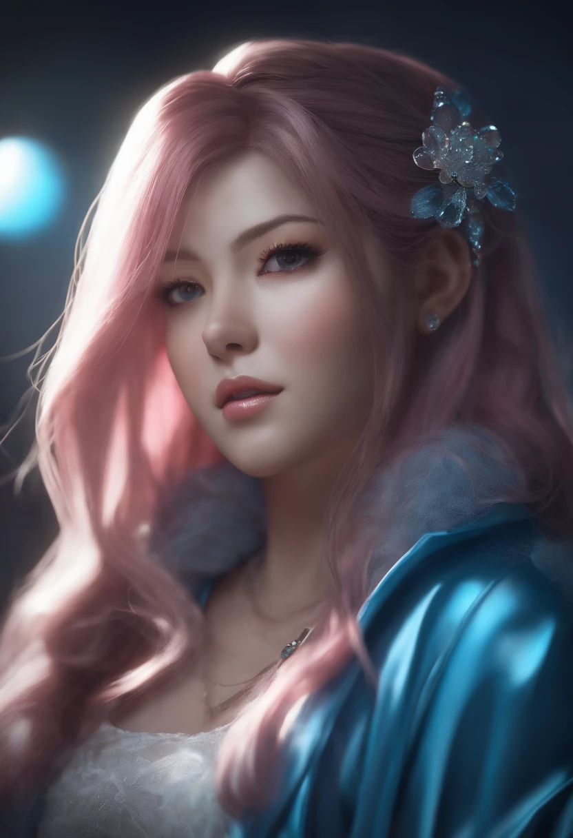 Mioda Ibuki /(Danganronpa/), banco ultra-detalhado, master part, illustration, 8k, master part, sombras realistas, vento, gradiente, Volumetric lighting, fofo, ambient lighting, colorido, glittering particles, belos olhos detalhados 1girl, sozinho, (roupa original), fundo da masmorra, roupa maga azul e rosa, capa, Magic, fantasia