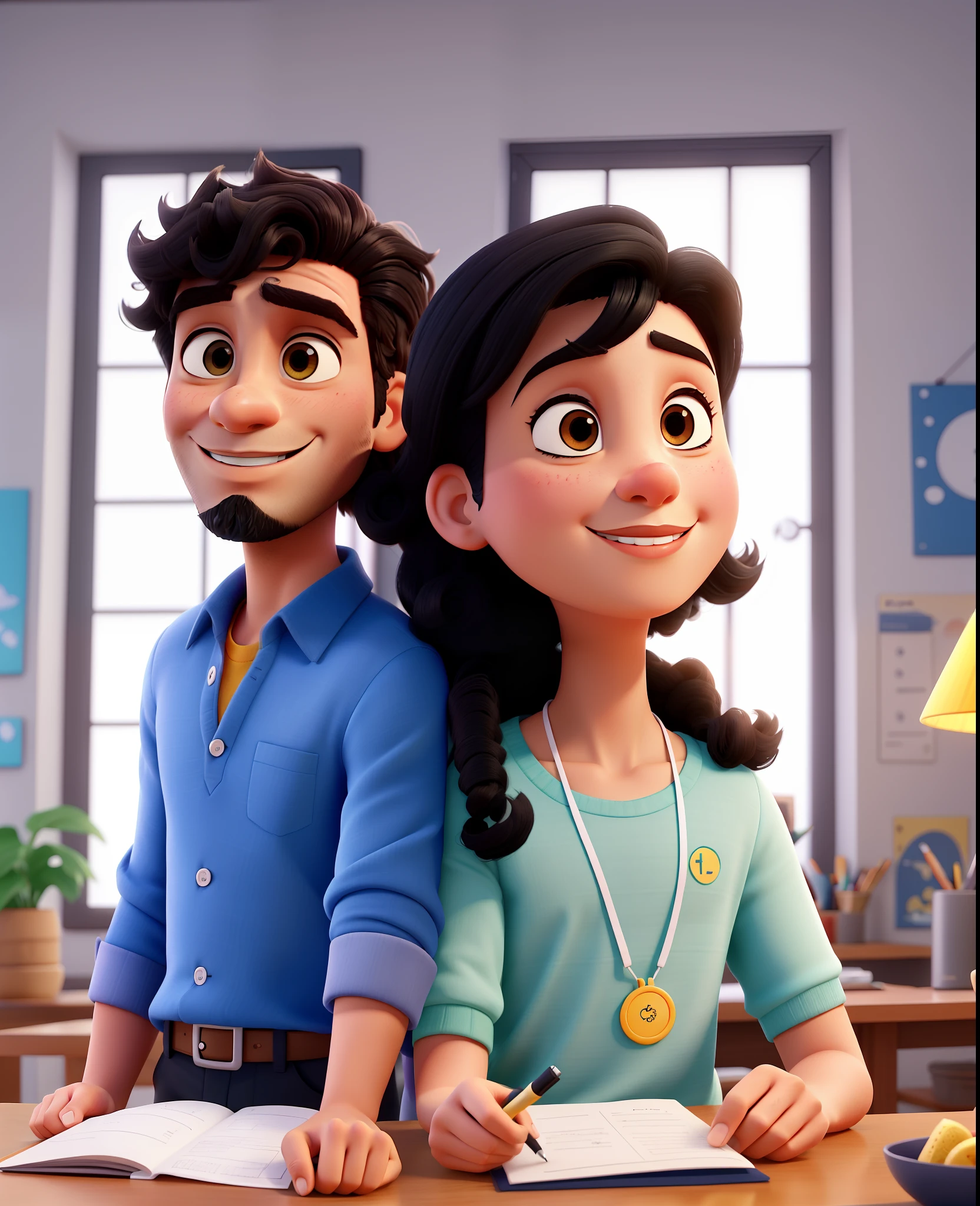 An illustration of an adorable couple, Destacando um homem e uma mulher com beleza, Expressive eyes – the man's hair is black and he has a full beard, while the woman's hair is curly black in color. They are a bright space, Todos com um sorriso no rosto, e compartilhe um momento especial, That is marked by love, viagem, and pedagogical insights. Ilustre esta cena a partir de uma perspectiva, where they're facing away from the camera, Show Your Connection. Desenvolva esta arte em Full HD, Focus on your cinematic touch, Estilo Disney Pixar Animations