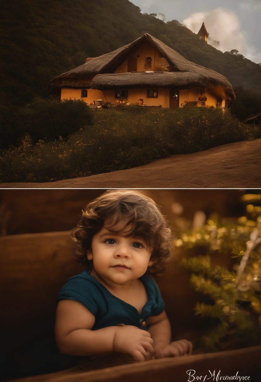 : Miguel, aproximadamente 5 anos de idade, cabelo curto estilo Disney, olhos castanhos e sorrisos. garota: Giovana, 2 anos, longos cabelos pretos e olhos azuis. scenecy: Miguel and Giovana are in a cozy little house in the valley, ao fundo um dia ensolarado, Destacando o Sol.