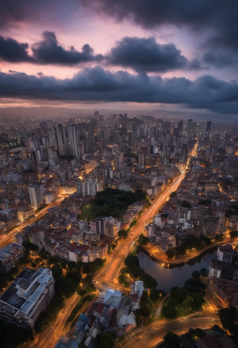 I want a picture of the city of São Paulo with clouds in the style of a pixar movie
