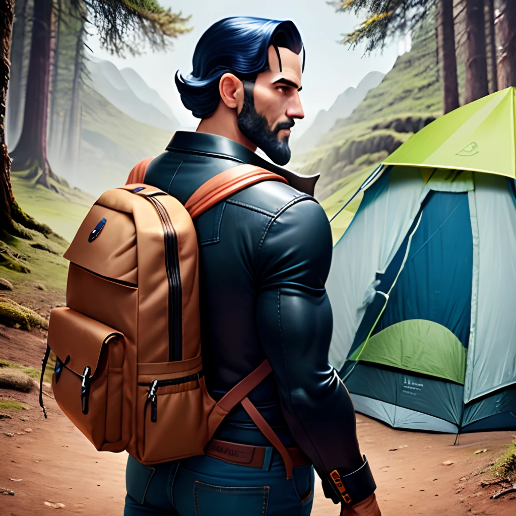 Personagem Disney Homem careca com barba preta sem cabelo com mochila de acampamento e uma mulher com mochila de acampamento