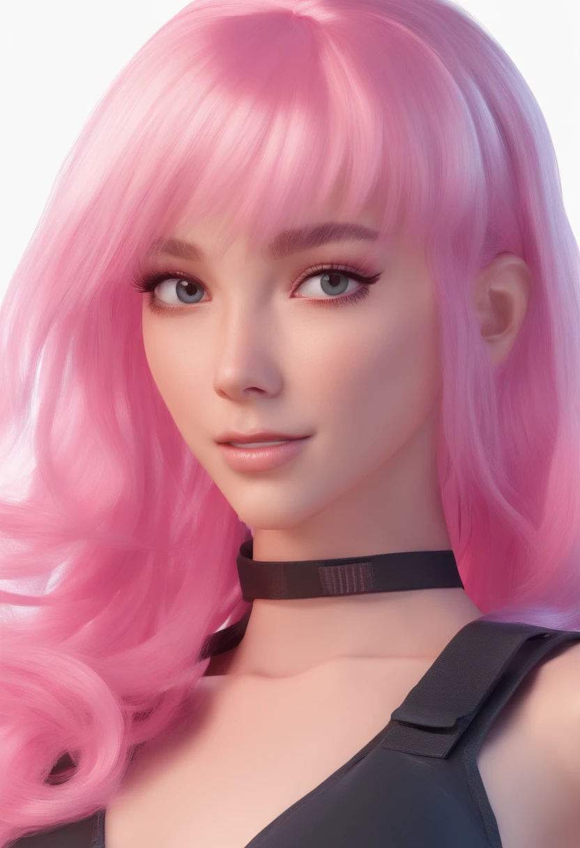 Girl with pink hair with wispy bangs with lingerie one