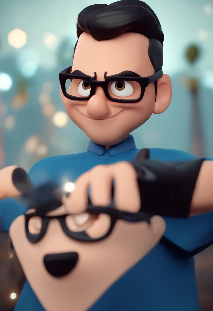 Cartoon character of a man wearing black glasses and a blue shirt, um personagem animado, Caractere estilizado, animation style rendering, 3D estilizado, Arnold Maya render, 3 d render stylized, toon render keyshot, Personagem 3D, Personagem 3D, 3d rendering stylized, 3 d character render, personagem de desenho animado, Personagem de close up, Pose de personagem, (Estilo Pixar) (master part:1.2) (Bokeh) (best quality) (pele detalhada) (textura detalhada) (8k) (argila) (Cinematic lighting) (foco nítido，Senta e vaza a parte superior do corpo
