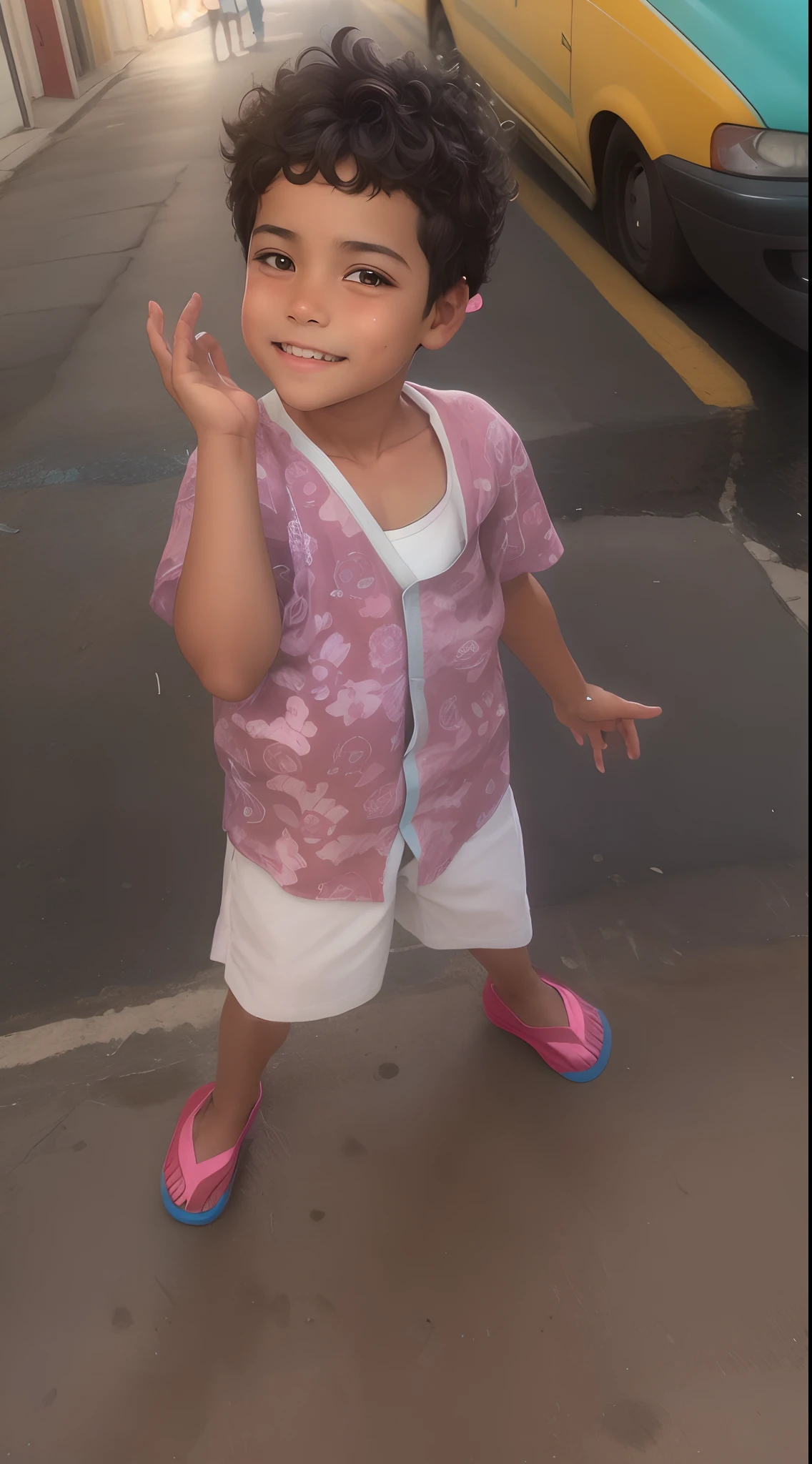 There's a boy who's standing on the sidewalk, olhar inocente, menino bonito, Rosto inocente, usando pijama, usando um pijama folgado, usando um kurta, candid photo, em uma rua, Where is the, cara bonito, olhar travesso, com uma pose cool, olhando bonito, sorriso inocente, with a happy expression, vestindo trajes de concha