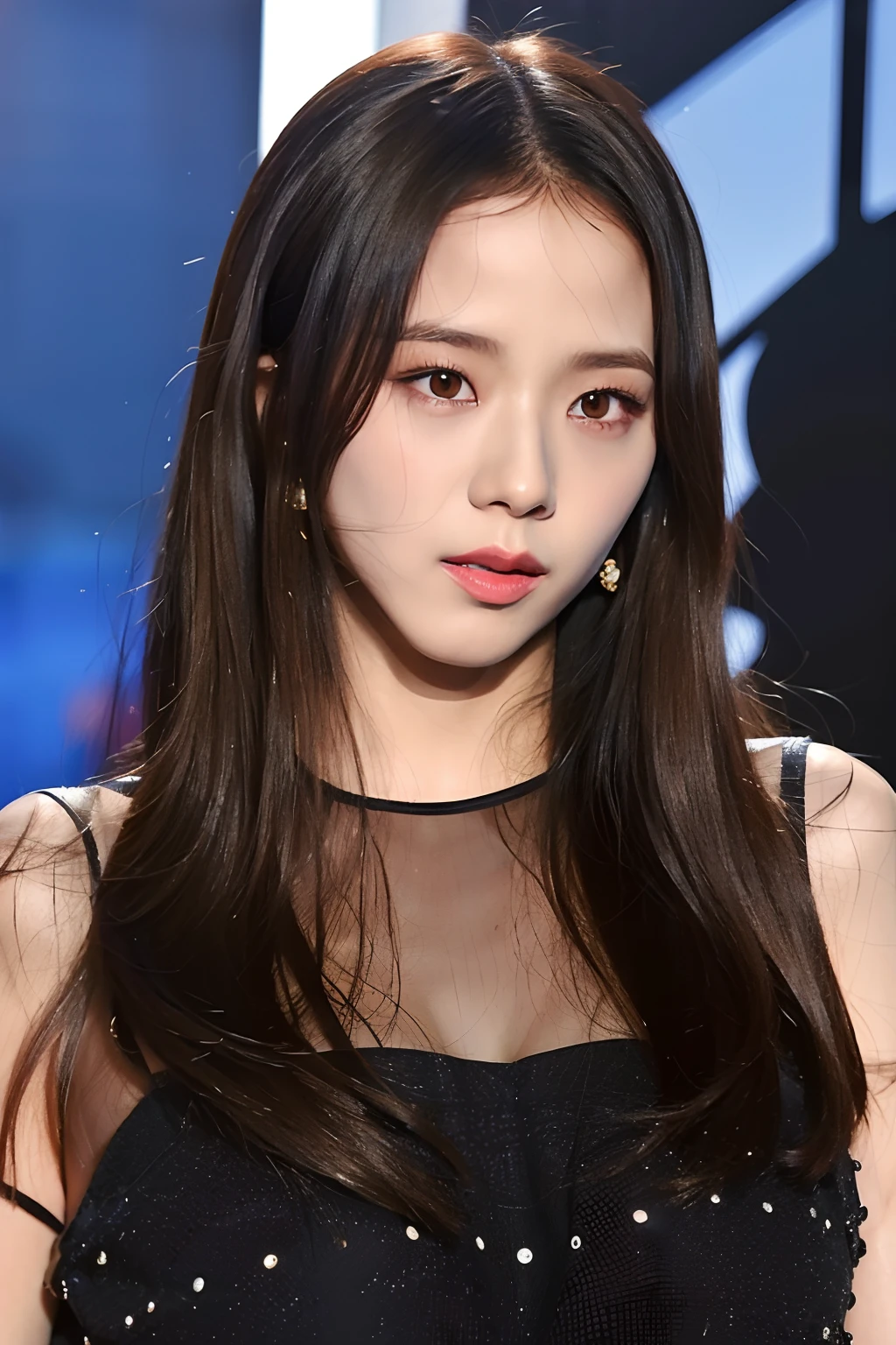 (8k, RAW photo, best quality, highres:1.2), (realistic, photo-realistic:1.37), bestlighting, close-up,
1girl,   Jisoo, solo,  diamond stud earrings, long straight hair, dark hair, serious, parted lips,  lip gloss, evening gown,
(indoors) ,  portrait,  looking at viewer,