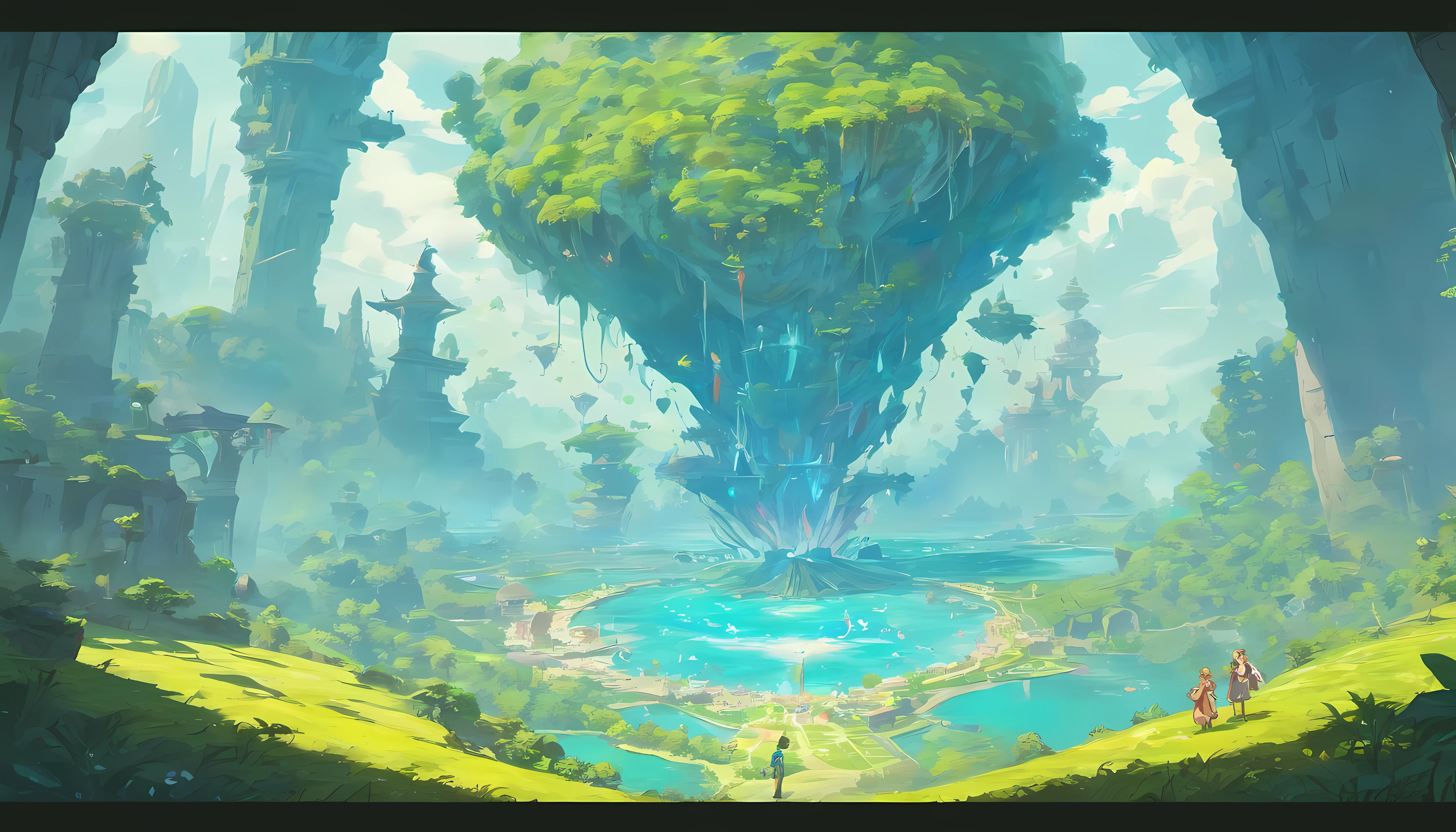 Flat Map, A group of flying islands, Numerous floating islands, halo, Carte du jeu, Hyrule, Ancient Fantasy Regional Map, Highly Detailed Map,Detailed map, Elevation map,Carte du monde、Isekai Carte、Carte du Royaume、Otherworldly Adventure K HD、meticulous、view from above, Spread out,Pixel Art, Magical Floating Islands, Castles & Towers, cascade dans les airs, Pandora from Avatar