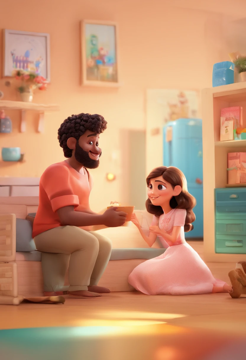 An illustration of an adorable couple, destacando um homem e uma mulher com bonito, Expressive eyes – the man's skin is black and the man's hair is bald and black, while the woman's skin is black and the woman's hair is curly and brown. They are a bright room, cada um com um sorriso no rosto, e compartilhar um momento especial caracterizado pelo amor, arroz, e insights educacionais. Illustrate this scene from a perspective where they are facing away from the camera, Showing Your Connection. Desenvolva esta arte em Full HD, Focus on your cinematic touch, Estilo Disney Pixar Animations