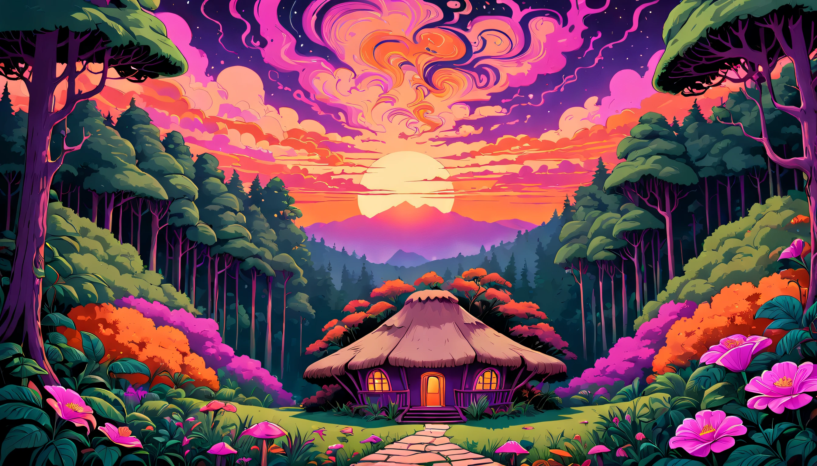 Misteriosa cabana de montanha aninhada entre densas e uma vila no meio, Psychedelic forests, With a breathtaking sunset sky flipping vibrant, tons quentes de roxo, rosa e laranja, criando uma atmosfera de curiosidade e intriga.