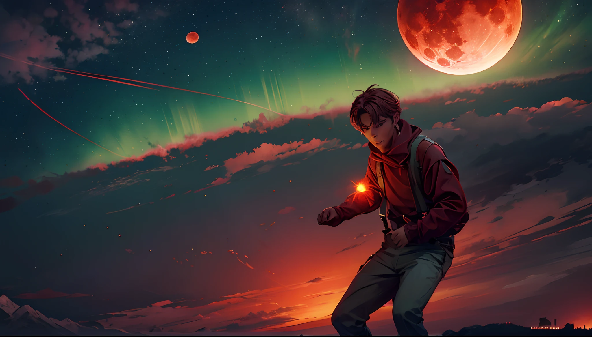 There is a large blood moon in the sky，Red meteors streaked by，Multiple green Northern Lights，middle parted hairstyle，Suspenders