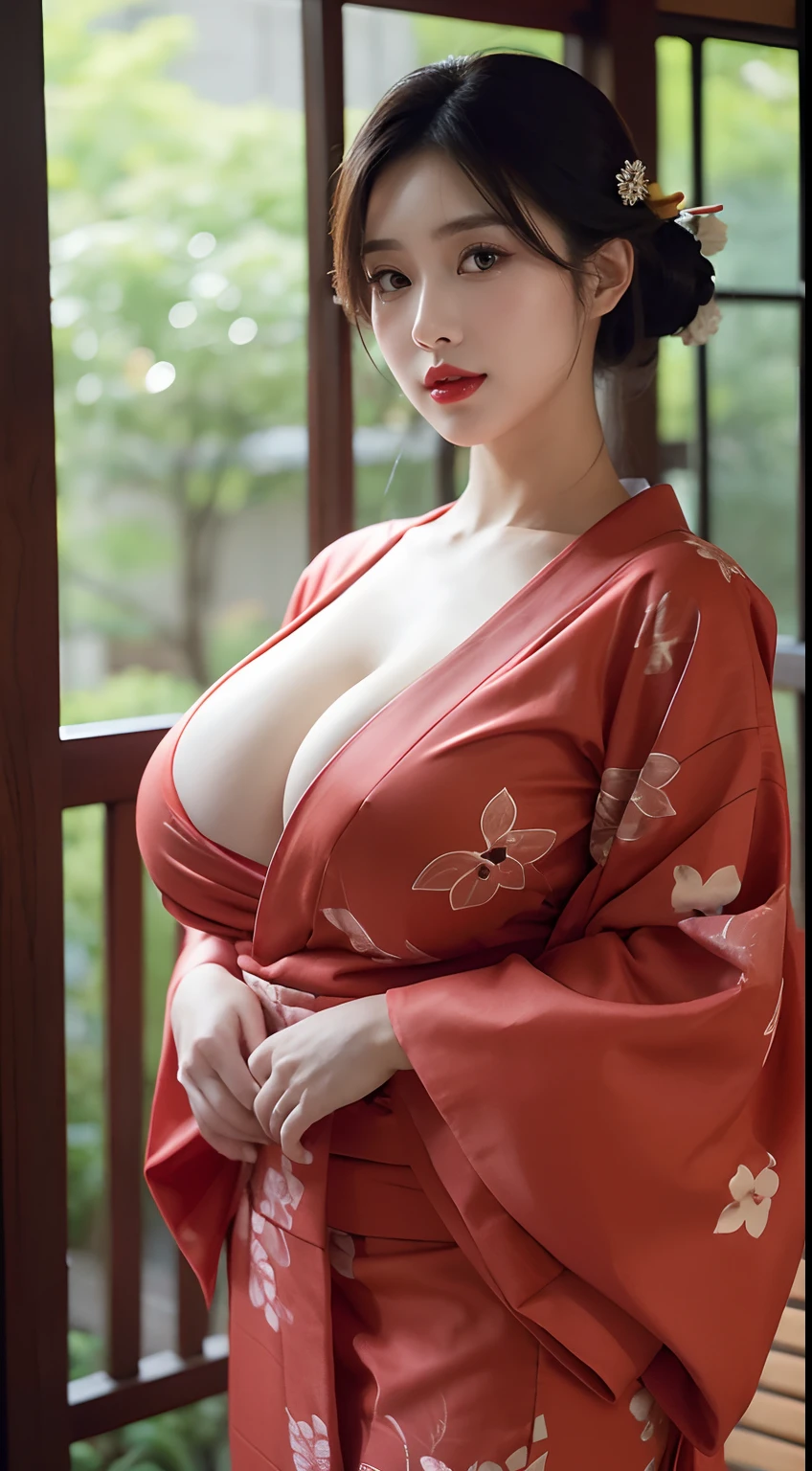 tepmother, tie her hair, red lips, heavy breasts, big breasts, huge breasts, huge breasts, massive breasts, juicy breasts, enormous breasts, sexy yukata kimono,