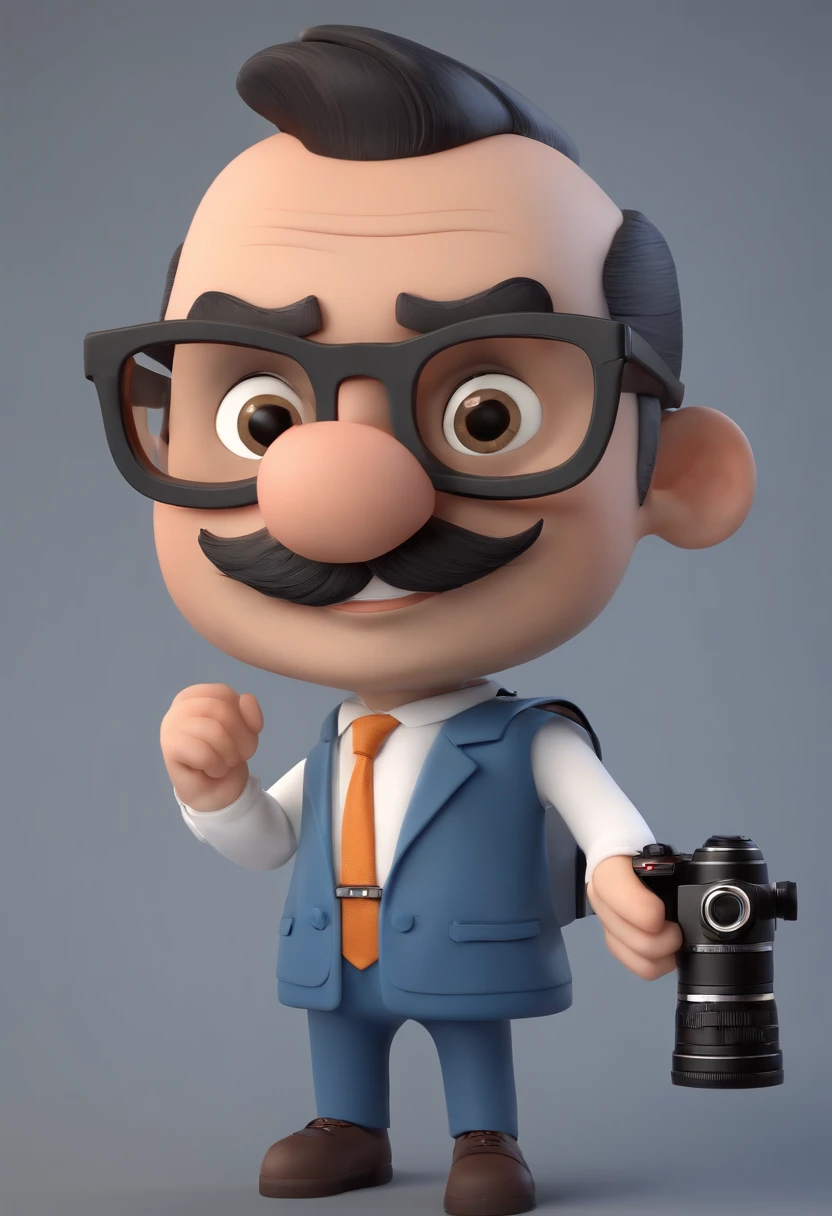 personagem dos desenhos animados de um homem de barba grande, Bald man with black glasses and a blue shirt and blue blazer, Holding a Canon brand photo camera Animation character, Caractere estilizado, animation style rendering, 3D estilizado, Arnold Maya render, 3 d render stylized, toon render keyshot, Personagem 3D, Personagem 3D, 3d rendering stylized, 3 d character render, personagem de desenho animado, Personagem de close up, Pose de personagem, (Estilo Pixar) (master part:1.2) (Bokeh) (best quality) (pele detalhada) (textura detalhada) (8k) (argila) (Cinematic lighting) (foco nítido