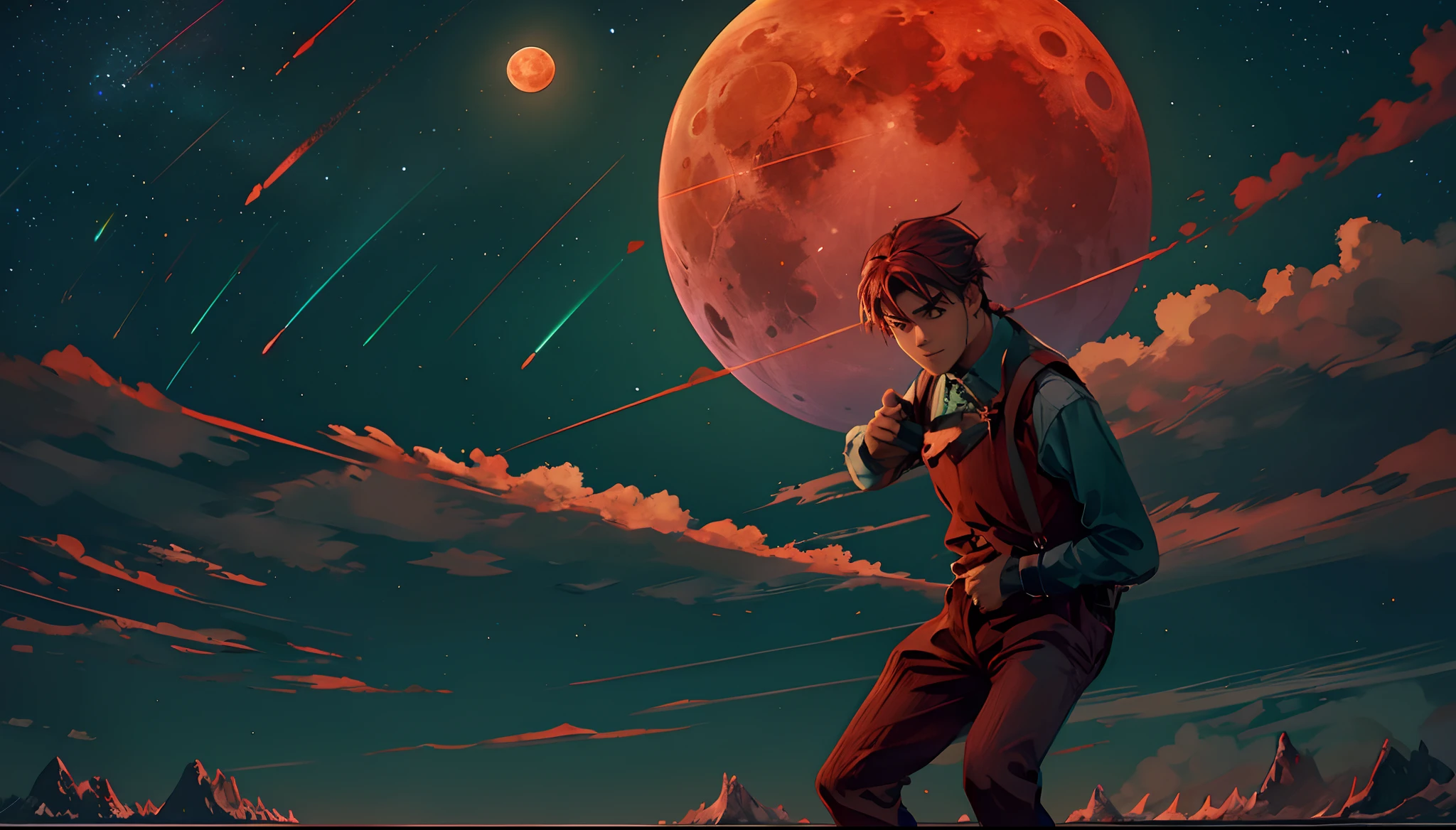 Great Blood Moon,A sky full of stars,A red meteor streaked across the sky,Multiple green Northern Lights float overhead,middle parted hairstyle,Suspenders,schoolboy