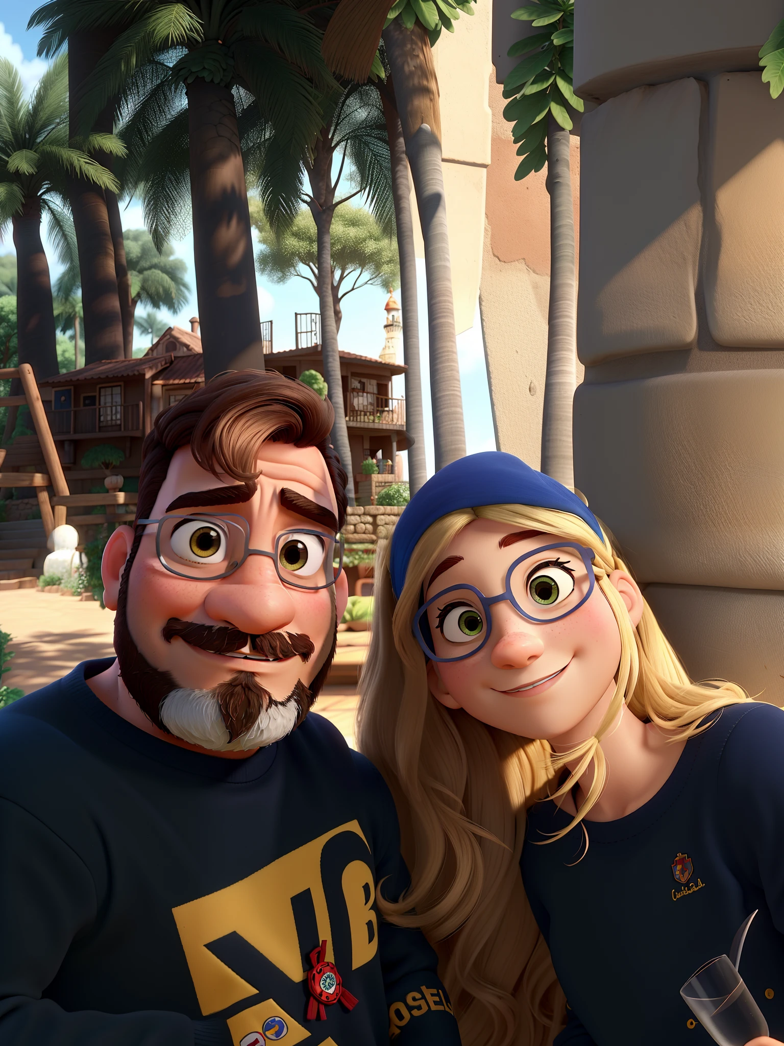 Casal feliz ,estilo Pixar,mulher loira. . Homem moreno, com barba uniforme grisalha.