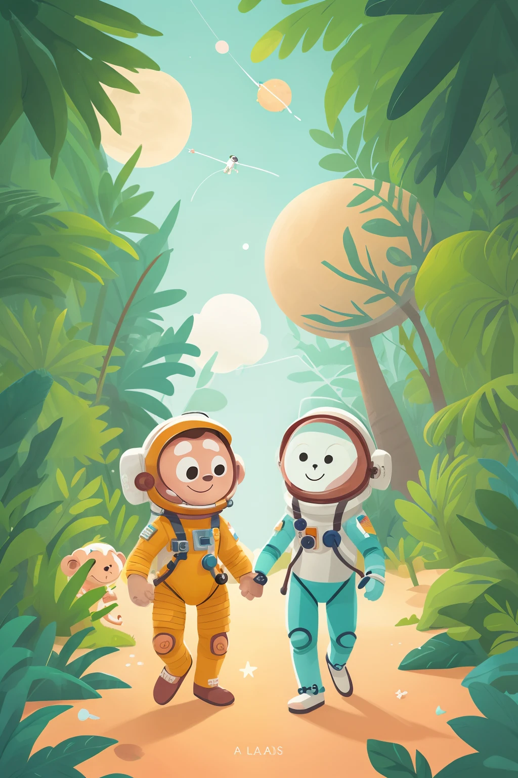 An astronaut holding hands with a monkey, passeando na lua, a terra ao fundo, um disco voador passando ao lado da terra e uma margarida plantada ao.lado.da tela.
