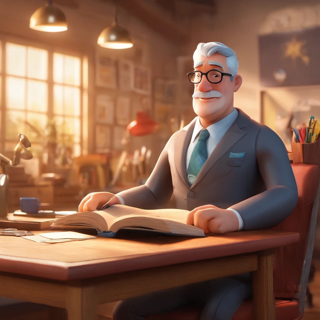 Create a Disney Pixar-inspired poster featuring the character of Pastor Rubens Janier, A gray-haired man wearing glasses, um terno, in an office with a Bible on the table