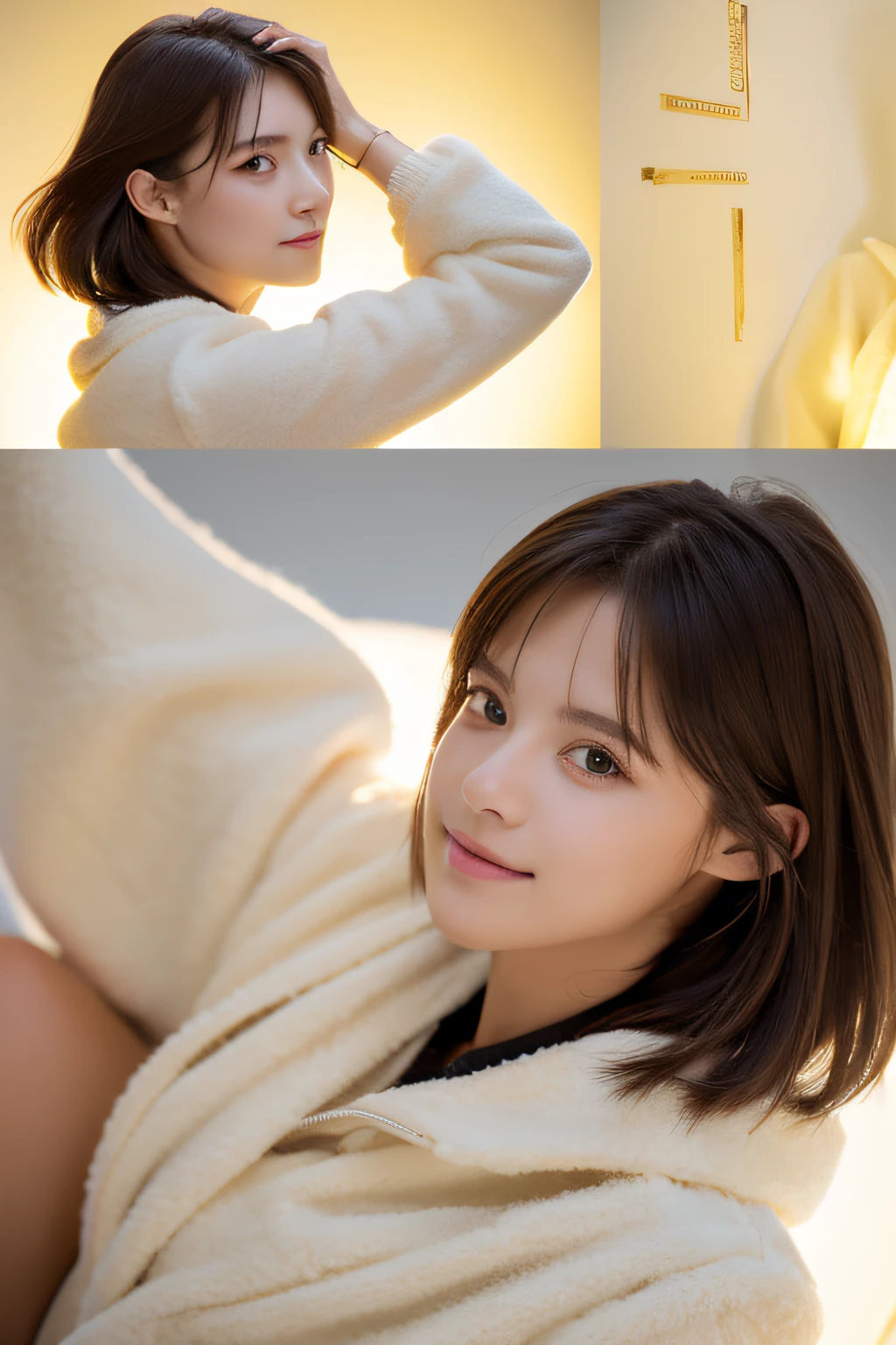 (masterpiece),RAW,Stunning realistic photos,Amazingly beautiful and playful Swiss woman,Female 20 years old,A light yellow wall with light and darkness、Pure eyes.Teddy Bear Coat、Please match the pose to the sample image、front-facing view,Upper body on the knees,Ensuring sufficient copy space、Happy look、photos realistic,Very elaborate depiction,Complete dissection,Frontal lighting,