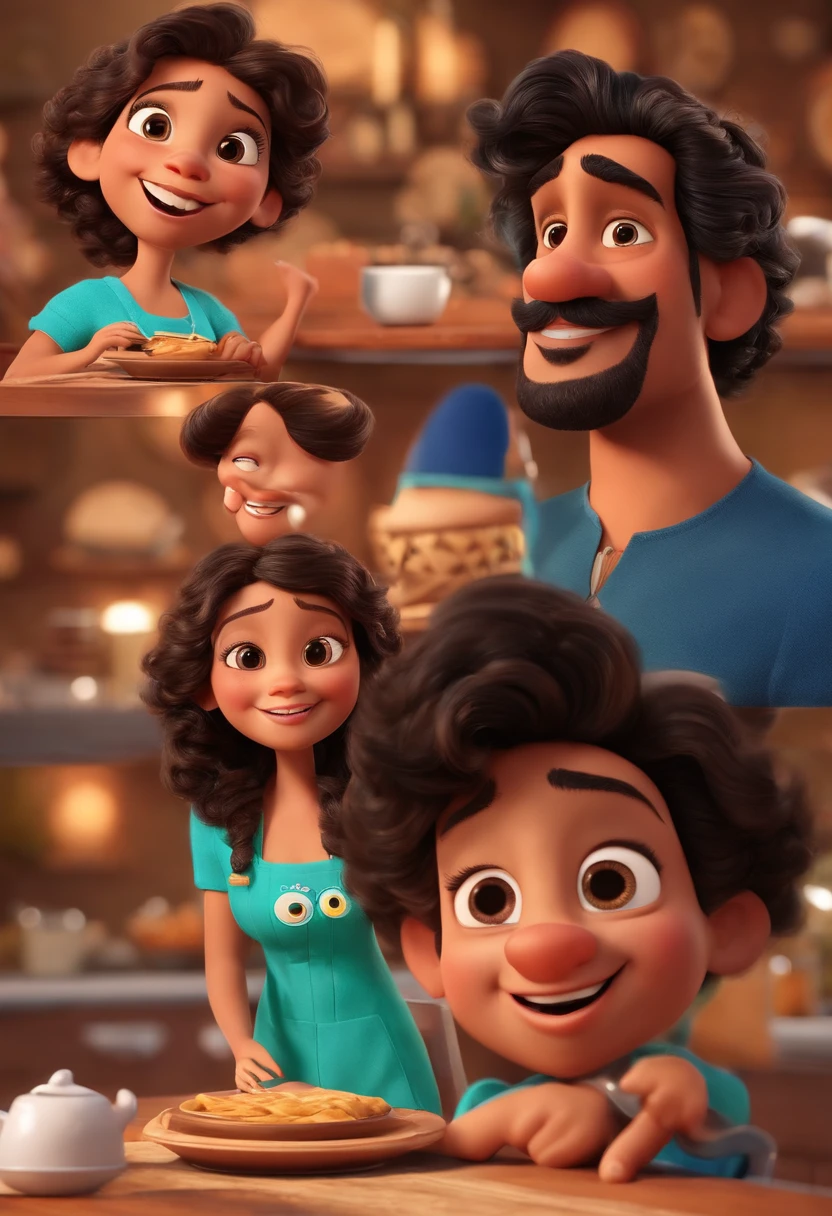 Casal fofo, mulher jovem branca, cabelos negros e longos, olhos marrons escuros, chefe de cozinha, no estilo Disney / Pixar 3D, homem grisalho com barba e bigode, olhos castanhos, sorriso largo, estilo 3d pixar disney