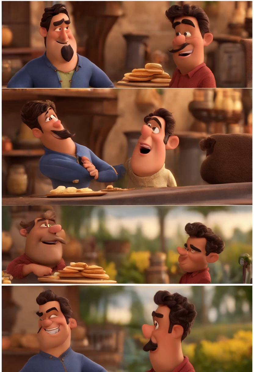 Casal fofo, mulher jovem branca, cabelos negros e longos, olhos marrons escuros, chefe de cozinha, no estilo Disney / Pixar 3D, homem grisalho com barba e bigode, olhos castanhos, sorriso largo, estilo 3d pixar disney