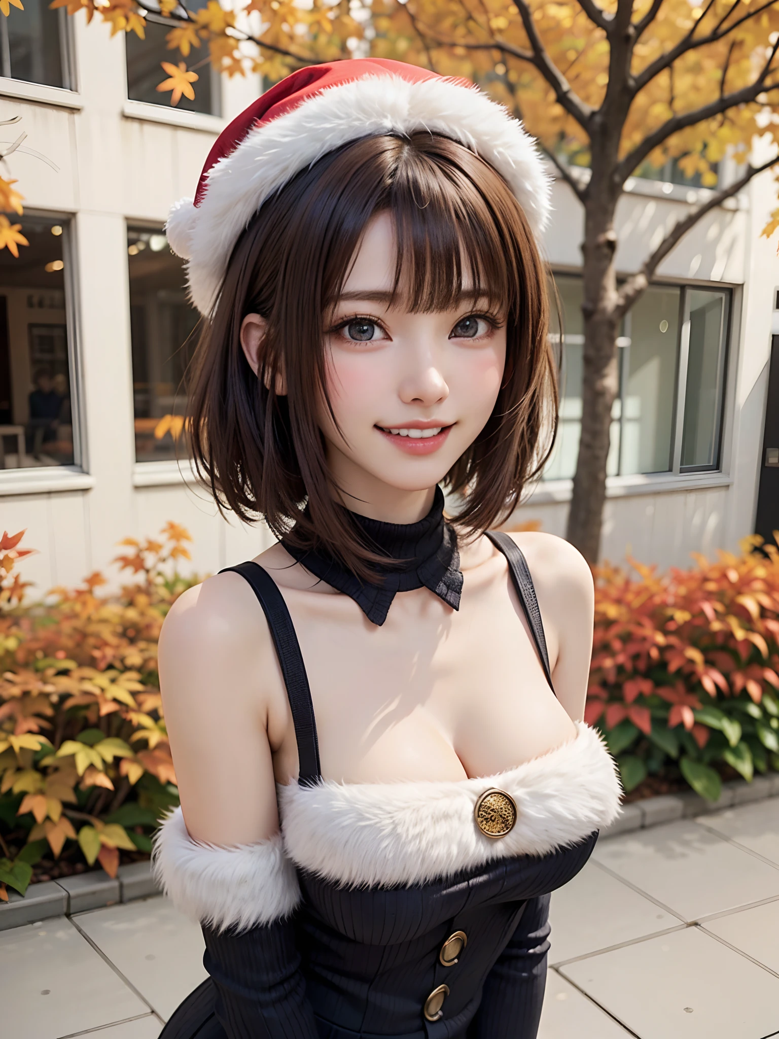 (Tabletop:1.4, highest quality、Has a very cute smile、Very attractive adult beauty:1.4、Add strong highlights to the eyes:1.4、Please look closely at the camera、Place your right hand on your chest、A beautiful woman with adult charm:1.4),One Girl, solo, light brown shiny hair, Scarf,Santa Claus hat:1.4,Realistic, Looking at the audience, Bright colored crystal light blue eyes:1.4, Short shiny hair, Santa Claus Star Neck Knit、 A red and white Santa Claus costume with a turtleneck and a round hole in the center of the chest:1.4,Sexy red and white turtleneck knit sweater with round hole in the center of chest:1.4、 Lips, Lip gloss:1.4,Bans, Upper body、Big eyes、Eyelashes、Face is a little red:1.4、Embarrassing)、((Canada's tree-lined streets in winter:1.4))、((Brunette short bob with bangs、Big eyes、Give students a very strong highlight:1.4、{Ample breasts:1.8}、Staring at the audience、Very beautiful beauty、Listen carefully:1.4、Long neck:1.4、Smile a little、Beautiful Teeth、Laughing with your mouth open:1.4))、28 years old:1.4、Very cute supermodel:1.4, mini skirt, whole body,