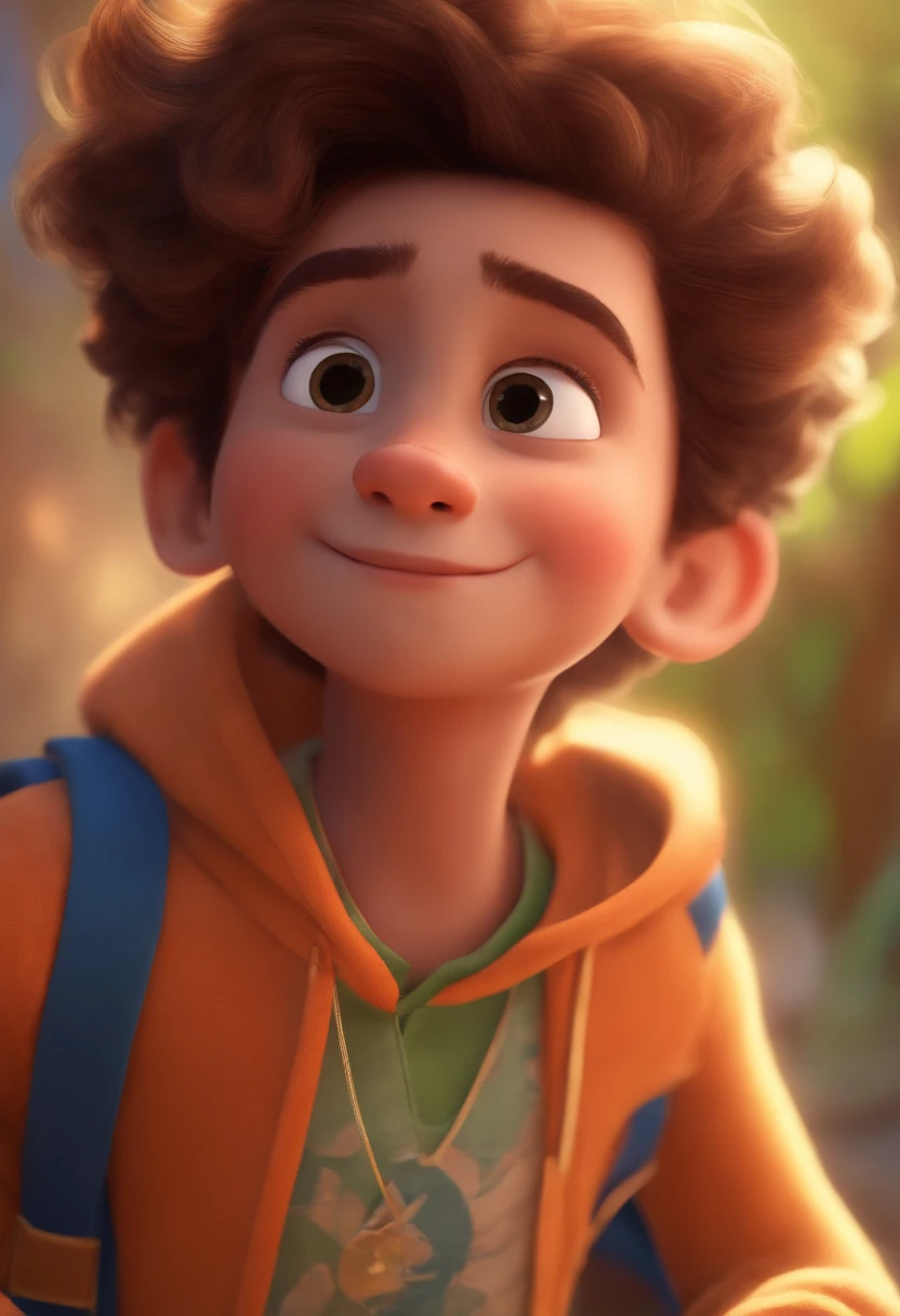 Image of a boy for a story in a YouTube video in Pixar format, He's the little allabester, He's the class leader, He's outgoing, Playful and gets up for a lot of things, cabelo curto, barba no rosto, usando oculos