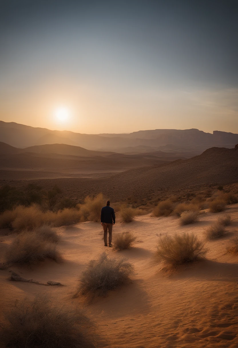(photorealistic, masterpiece, best quality, highres), a handsome nude man strolls through the scene completely nude, surrounded by the summer desert. Close full body view of the man, backside facing viewer. The pink clouds adorn the sky above, creating a dreamy and ethereal atmosphere. The vibrant colors of the roses contrast against the dry and sandy landscape, adding a touch of life to the otherwise barren surroundings. The image is of high definition, allowing for crisp details and clarity in every element.