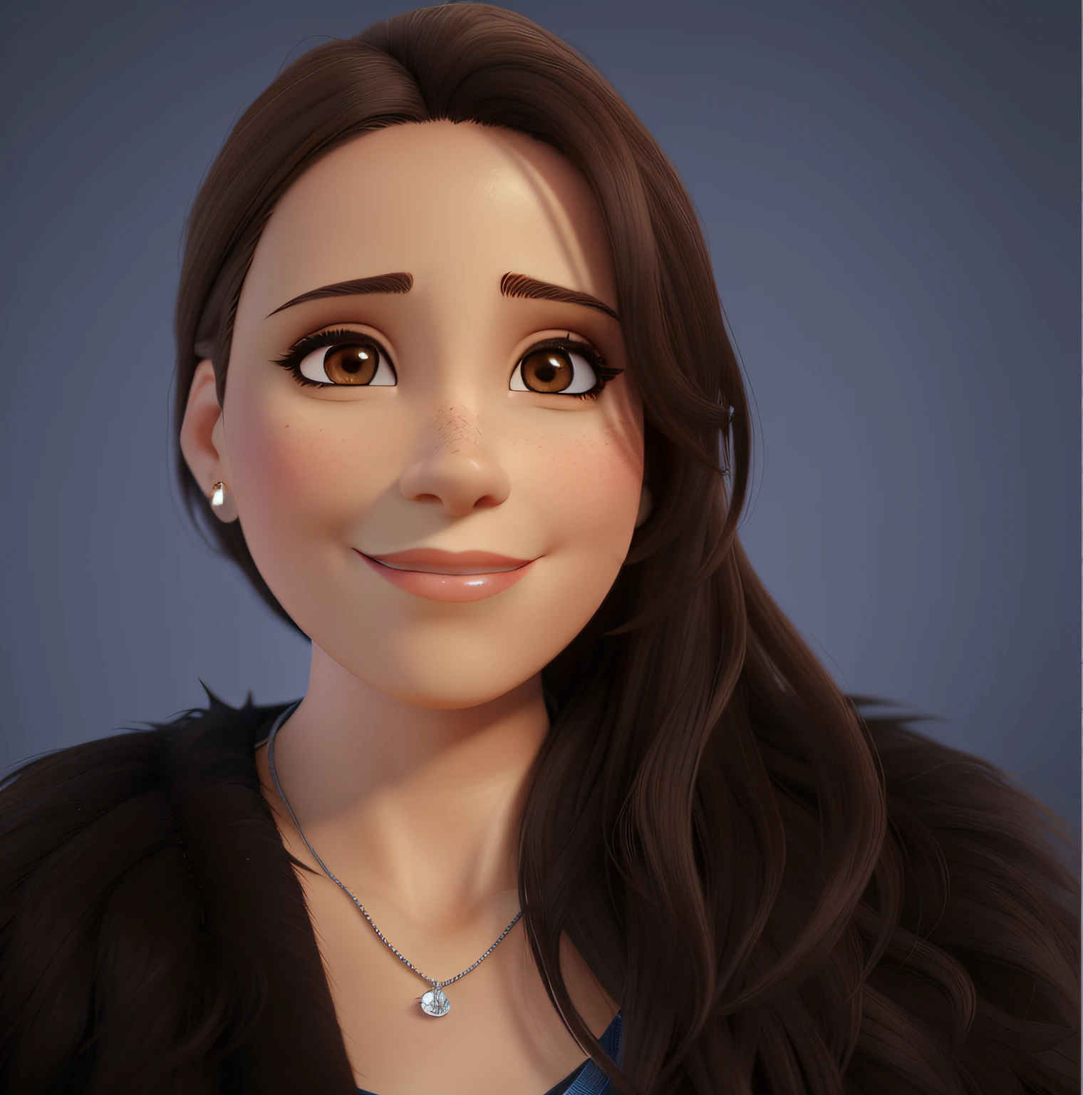 female, cabelos longos, dark brown fur, olhos castanho, 40 anos, cabelos liso, pele branca, usando um vestido preto, Realistic, face arredondada, furo no queixo, brinco perolado e gargantilha diamante