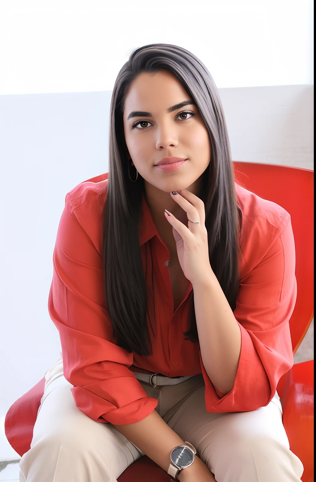 There's a woman sitting on a red chair with her hand on her chin, cabelo comprido e camisa vermelha