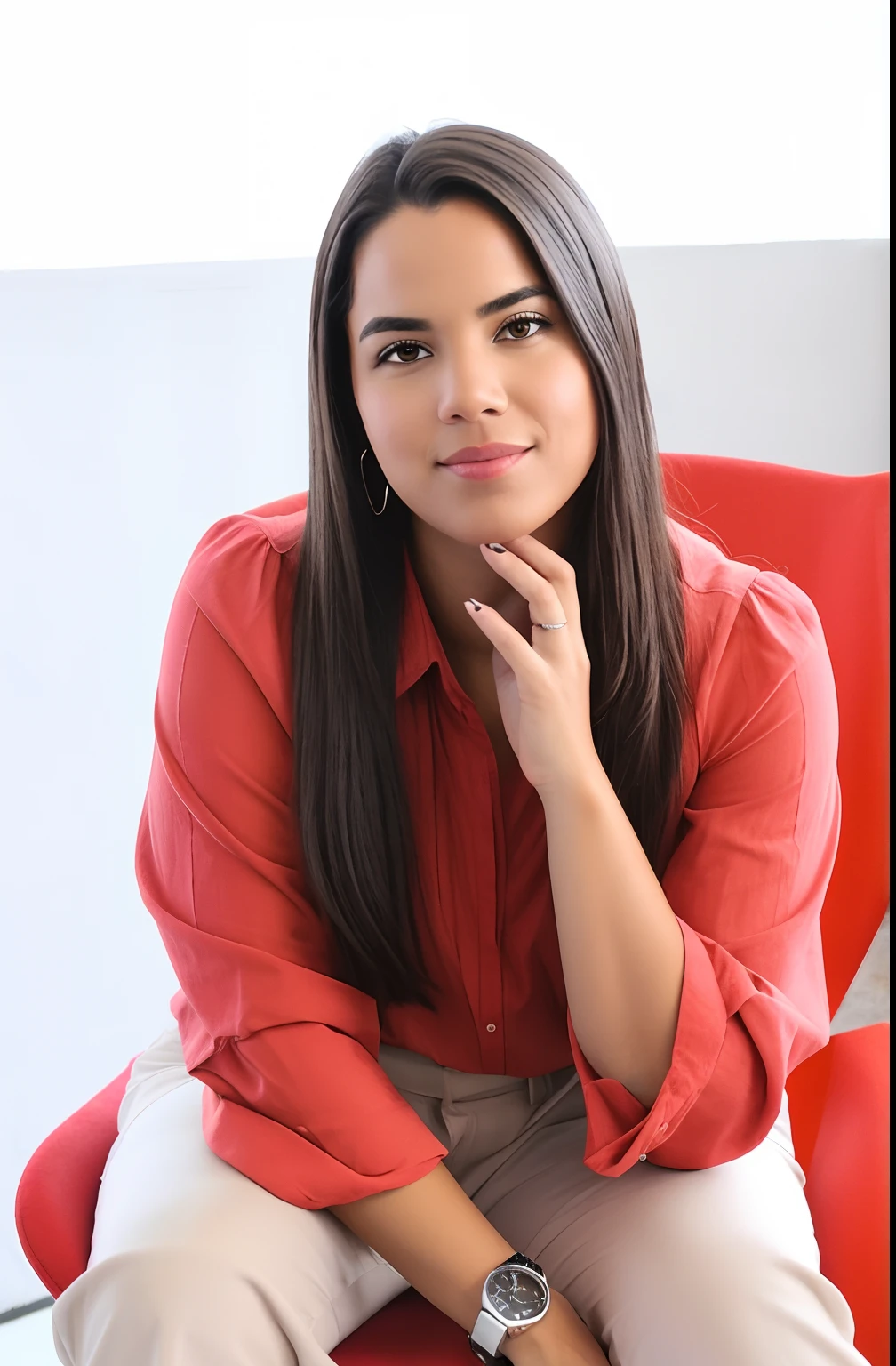 There's a woman sitting on a red chair with her hand on her chin, cabelo comprido e camisa vermelha