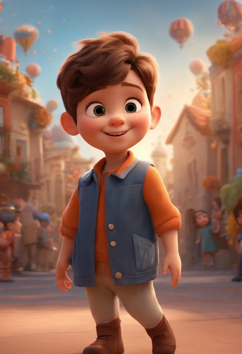 a happy cute ??? standing short hair, vestindo uma fantasia espacial, , fundo branco, barnet, tom, Estilo Pixar, ..3d, desenhos animados, rosto detalhado, asymmetrical 16k