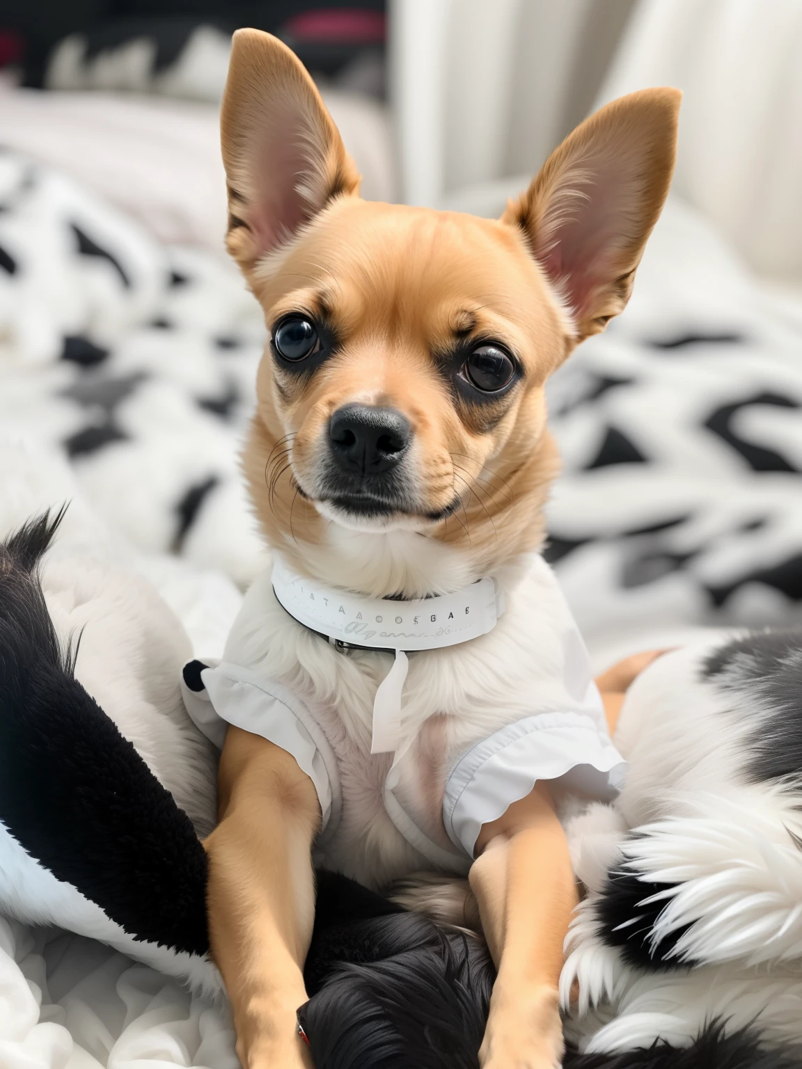 Cachorro de araffe sentado em um cobertor em uma cama com um cobertor preto e branco, Chihuahua, sentada em sua cama, peludo bonito precisa de sua ajuda, Chihuahua de cabelos longos, sentado na cama, looking defiantly at the camera, foto de retrato, sentado em uma cama, bonito, foto de retrato detalhada, pimenta, breed russian brown toy terrier, Regal Pose, small dog