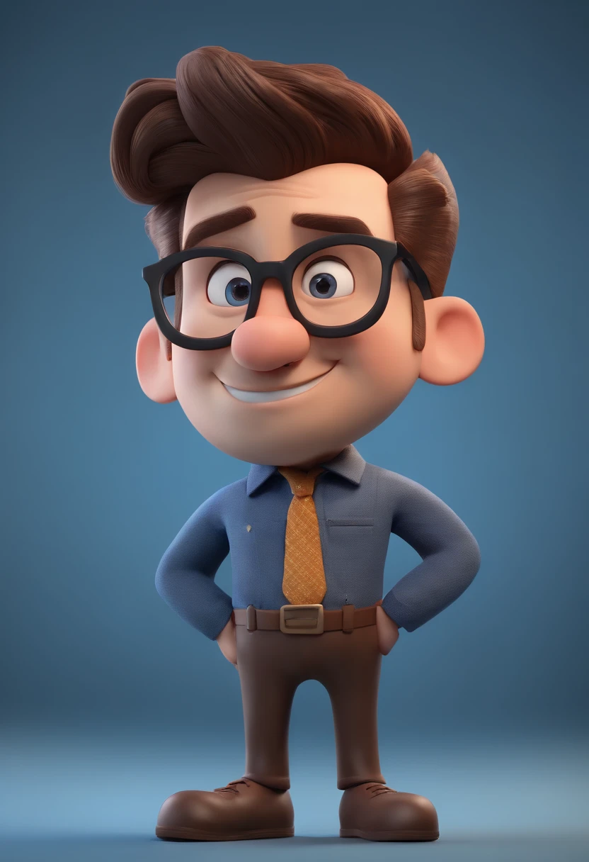 Cartoon character of a man wearing black glasses and a blue shirt, um personagem animado, Caractere estilizado, animation style rendering, 3D estilizado, Arnold Maya render, 3 d render stylized, toon render keyshot, Personagem 3D, Personagem 3D, 3d rendering stylized, 3 d character render, personagem de desenho animado, Personagem de close up, Pose de personagem, (Estilo Pixar) (master part:1.2) (Bokeh) (best quality) (pele detalhada) (textura detalhada) (8k) (argila) (Cinematic lighting) (foco nítido，Senta e vaza a parte superior do corpo