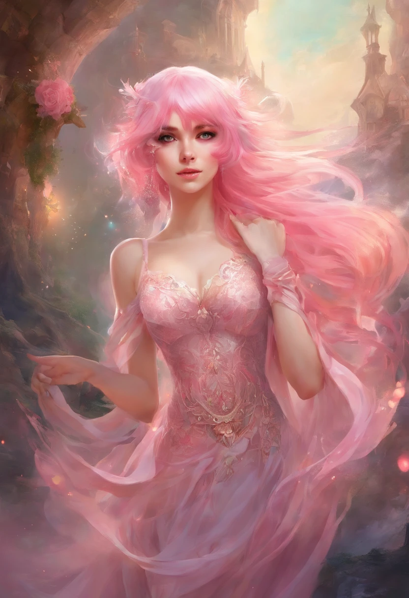 Girl with pink hair with wispy bangs with lingerie one