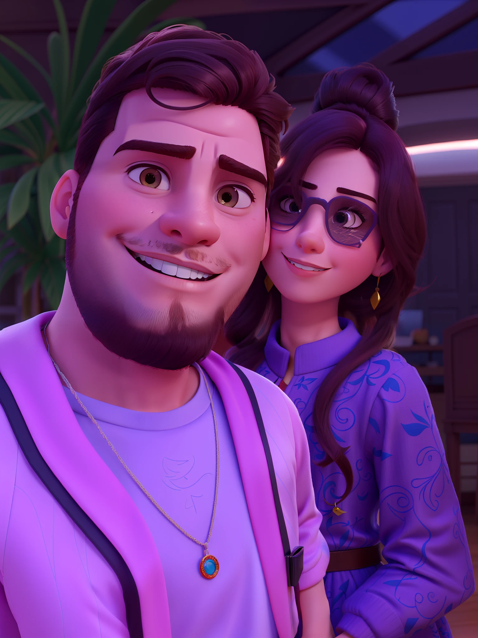 Casal (homem moreno e mulher branca) no estilo Disney Pixar, alta qualidade, melhor qualidade.