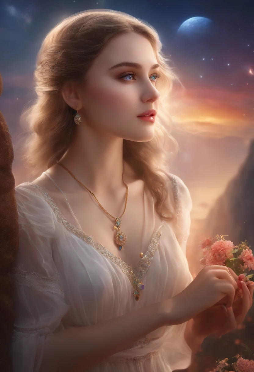 Masterpiece, Superb Girl, Cute Girl, Bust, High Detail Eyes, Perfect Eyes, Portrait, High Detail Face, Same Eyes, Glare, Rainbow Color, Global Illumination, Soft Light, Dream Light, Digital Painting, 8K Close-up, Fantasy, Night Sky, Stars, Nebula, White Crystal, Moonlight, Serenity, Summer, (8K:1.1)