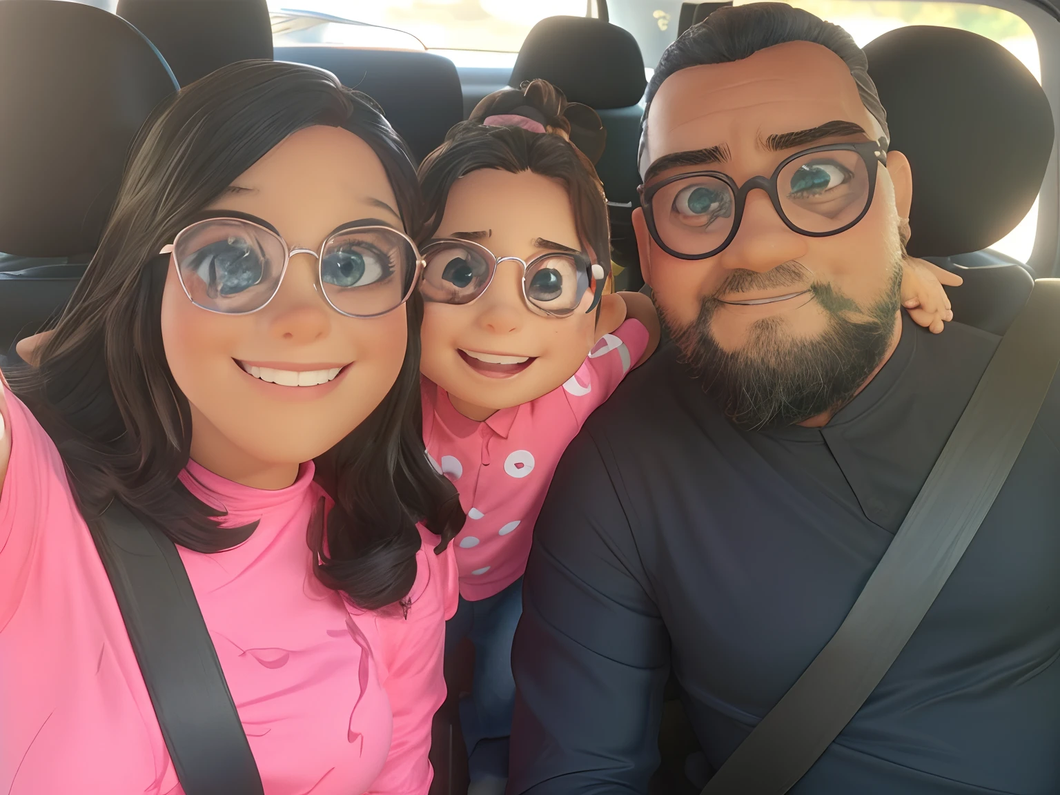 Pixar-inspired 3D poster/Disney Capturing Scene of a Family Playing, pai de 30 anos, moreno, cabelo preto curto de topete, Beard a little big and wearing glasses round black. Mother of 30 years, morena, cabelo preto cumprido de franja, wearing goggles, com olhos bonitos. filha de 4 anos, cabelo preto cacheado, pele clara, Wearing Pink Round Glasses.