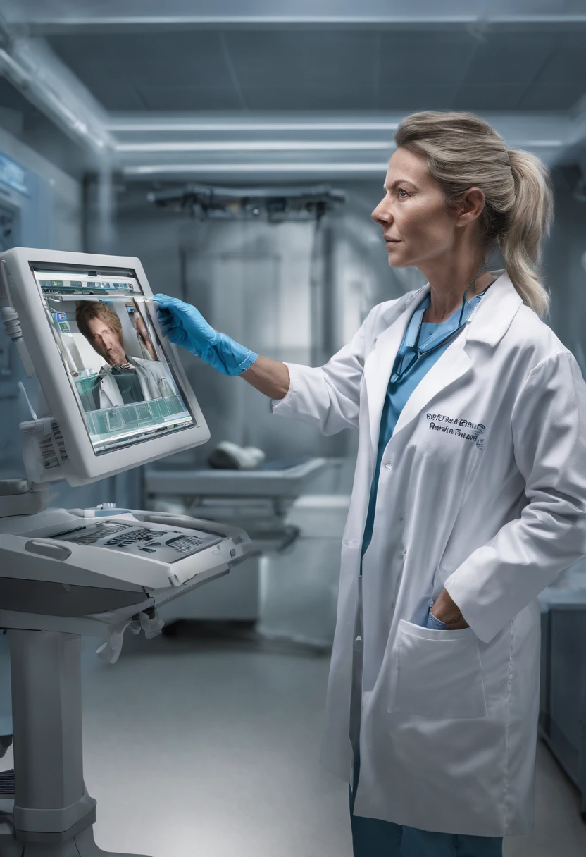 Highly realistic photo portraying a medical professional in a sanitized clinical space, holding an ultrasound probe. The environment has a calming aura with predominant white and blue hues. The doctor is adorned in a white coat, and the patient is dressed in blue striped clothing. The ultrasound machine's screen is discernible in the background, albeit a bit blurred, directing the viewer's primary focus on the doctor and the ongoing ultrasound.