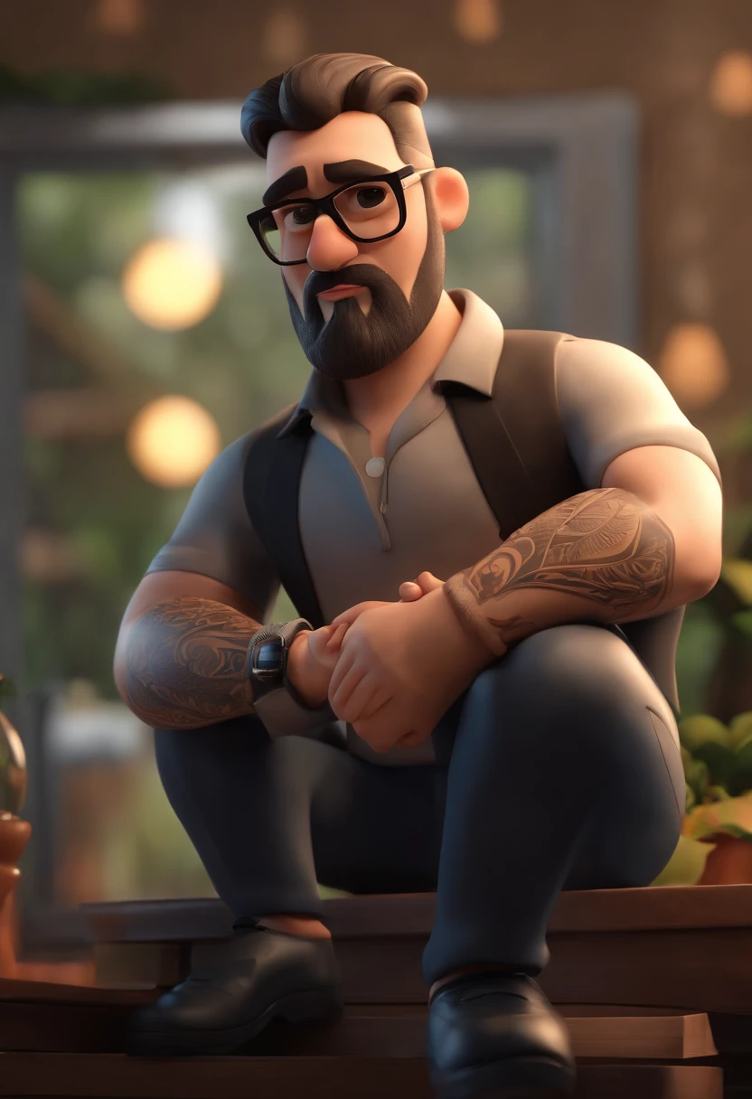 Cartoon character of a man with black glasses and a black polo shirt, cabelo liso, With beard and old school tattoo on his arm, animation character, Caractere estilizado, animation style rendering, 3D estilizado, Arnold Maya render, 3 d render stylized, toon render keyshot, Personagem 3D, Personagem 3D, 3d rendering stylized, 3 d character render, personagem de desenho animado, Personagem de close up, Pose de personagem,  (Estilo Pixar) (master part:1.2) (Bokeh) (best quality) (pele detalhada) (textura detalhada) (8k) (argila) (Cinematic lighting) (foco nítido